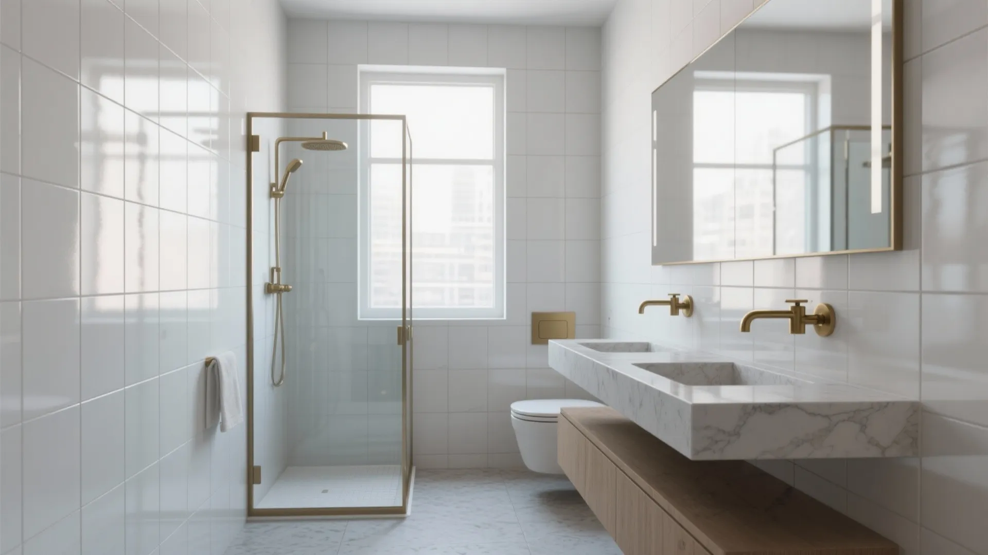 Modern white bathroom with double marble sink gold faucets glass shower cabin and large mirror