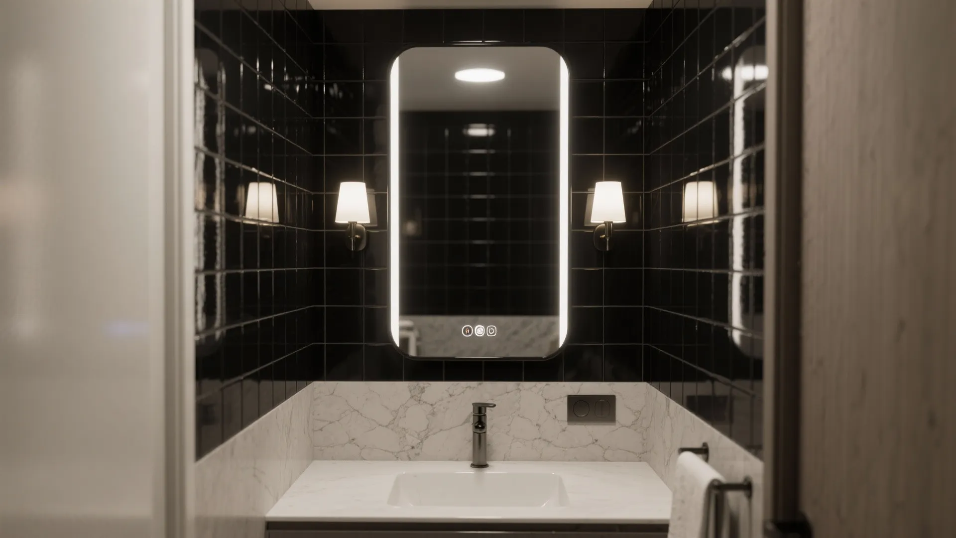 Modern bathroom with black wall tiles white marble counter illuminated mirror and two wall lights