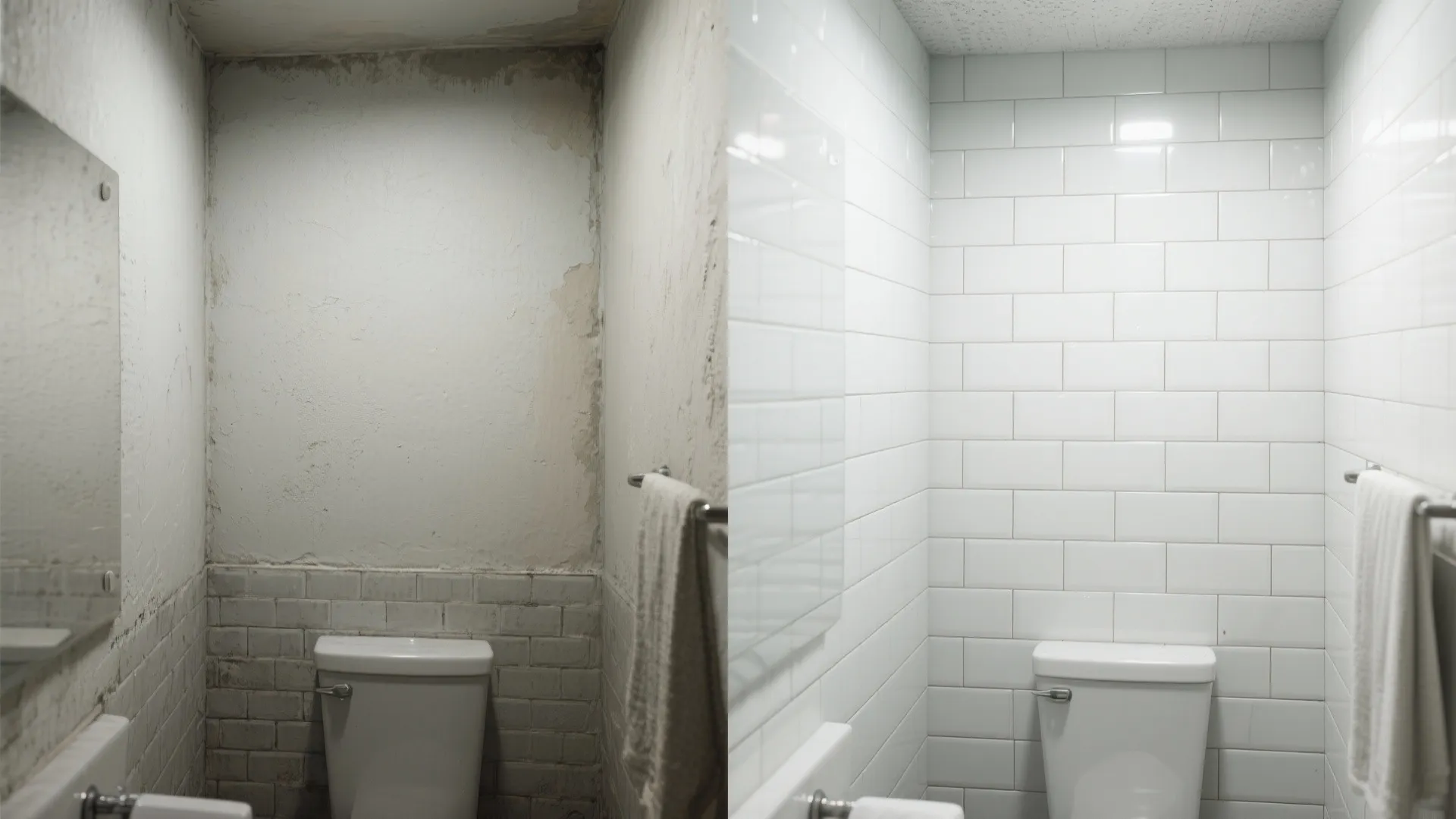 Before and after comparison of an old bathroom wall versus new glossy white subway wall tiles