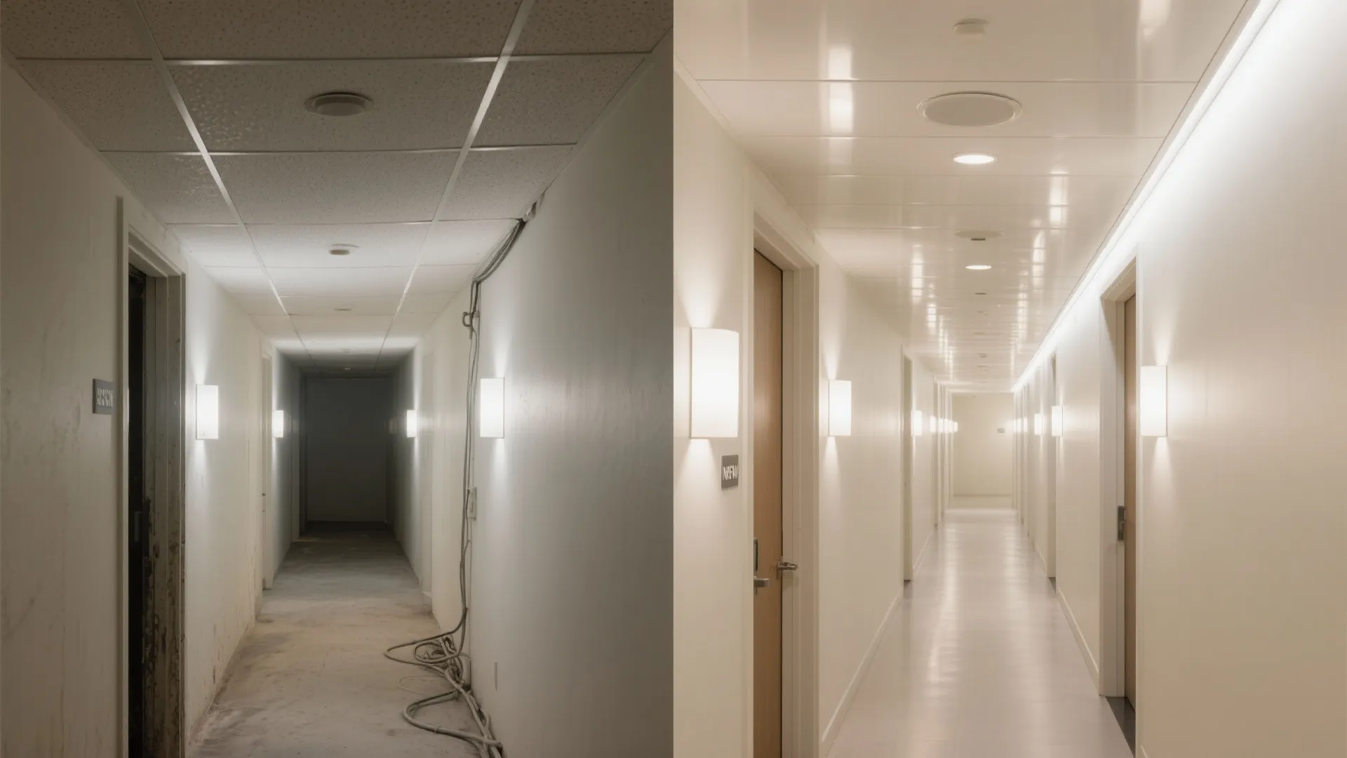 Split view showing a hallway before and after glossy PVC ceiling with wall washers and ambient LEDs.