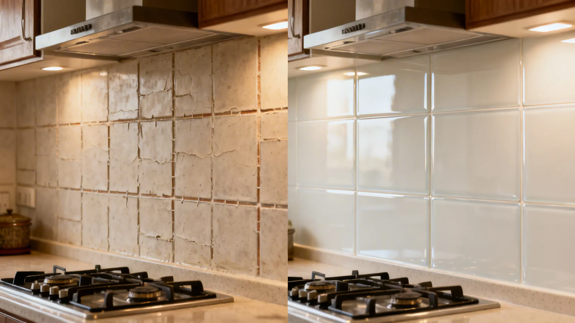 Before-and-after of a busy grout backsplash replaced by glossy off-white panels.