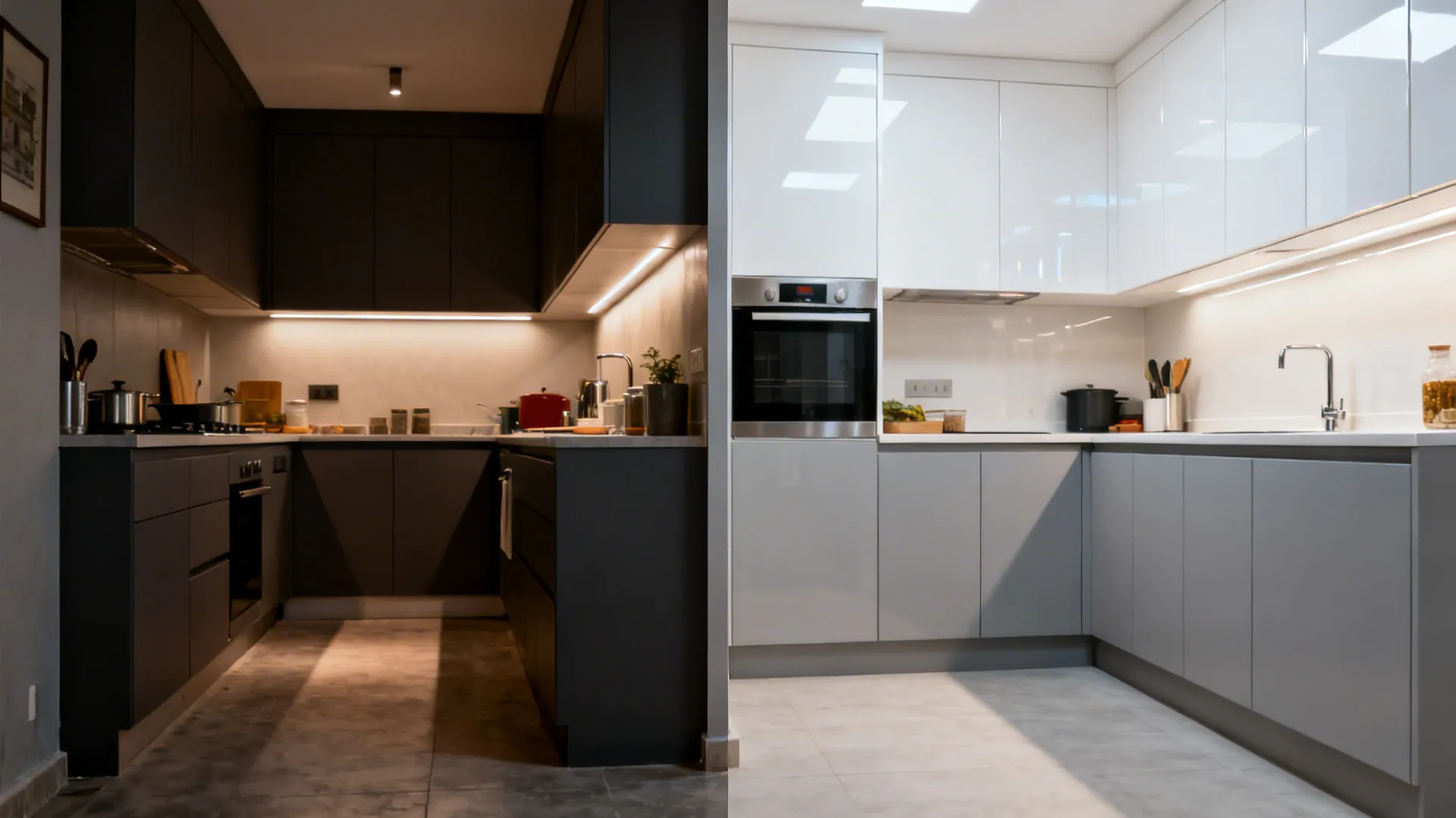 Before and after comparison of a dark kitchen versus a bright white glossy kitchen cabinet layout