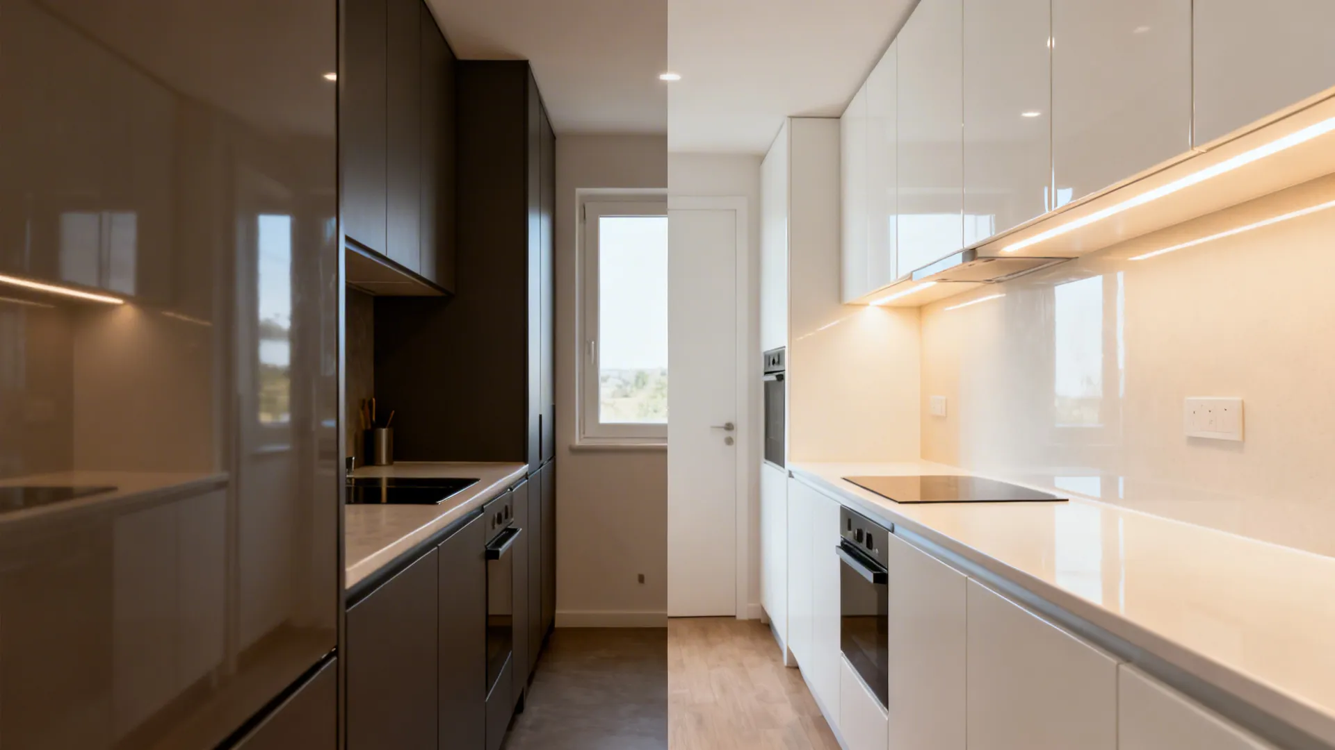 Before and after comparison of dark modern kitchen versus a bright white glossy kitchen design