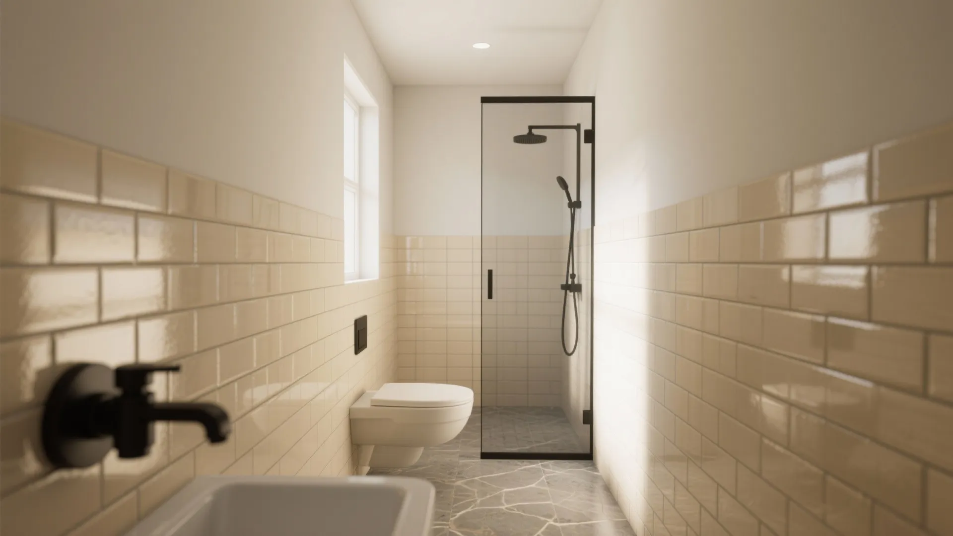 Modern bathroom with beige wall tiles white toilet glass shower door and black shower head