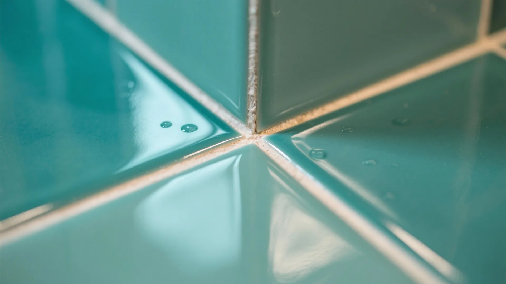 Macro of glossy bevel tile with subtle reflections and tight grout lines.
