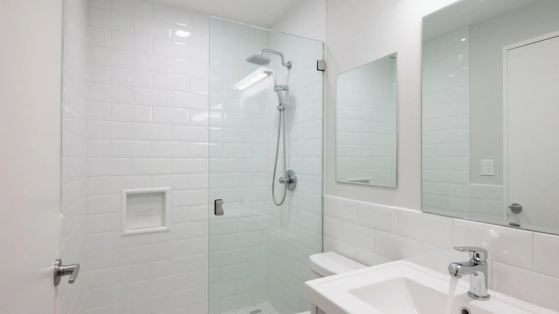 Glossy bevel subway tiles paired with a frameless glass shower panel in a small bath.