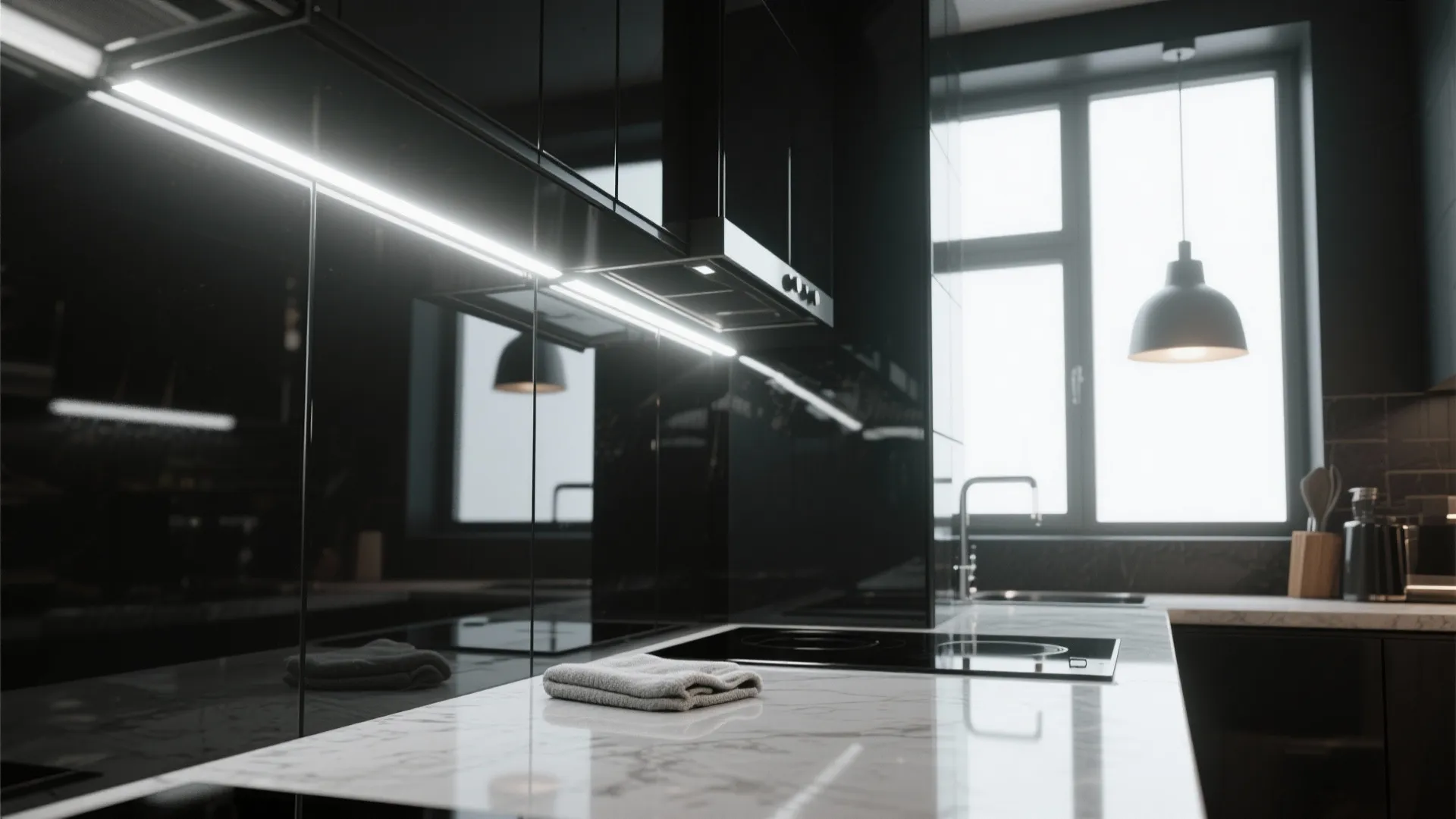 Modern black kitchen with marble countertop hanging ceiling light bright windows and built in appliances