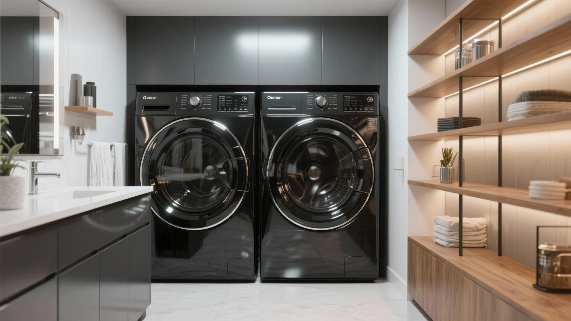 Modern laundry room featuring two glossy black washing machines wood shelves and white marble floor