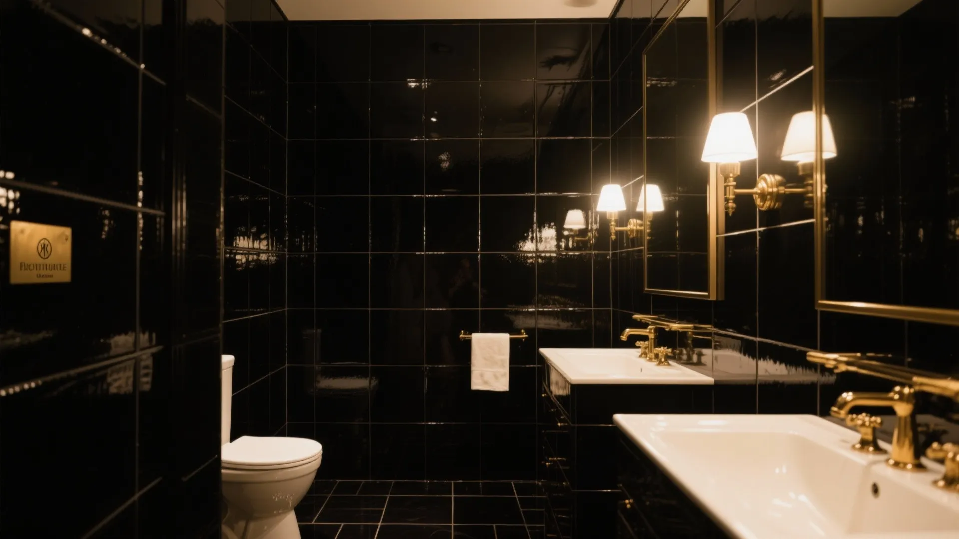Luxury bathroom with glossy black tiles golden faucets white sinks wall lights and a large mirror