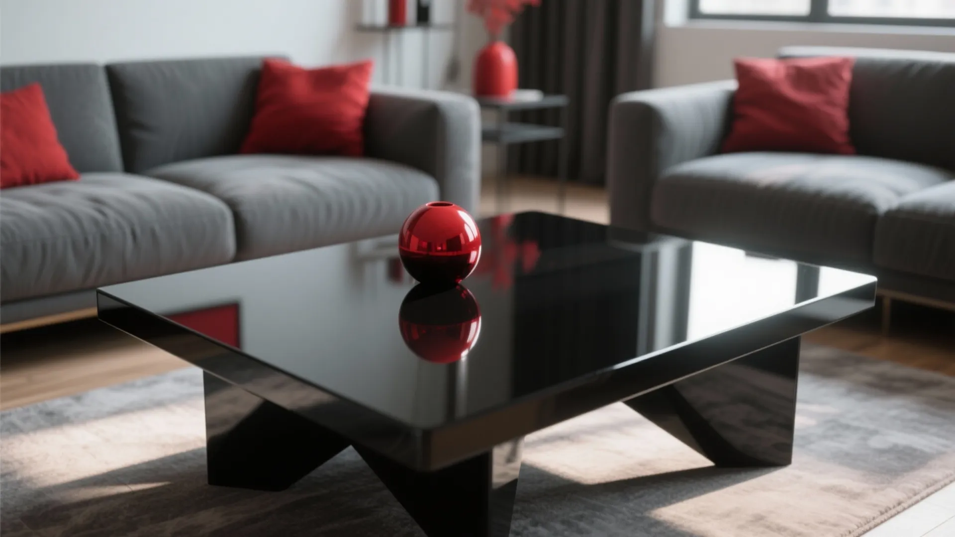 Glossy black coffee table with red vase and grey sofas with red pillows on rug