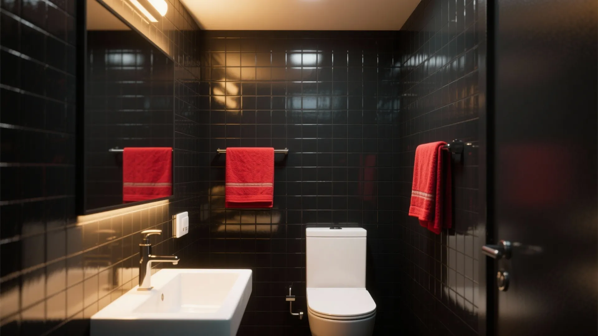 Modern small bathroom with glossy black wall tiles white sink toilet and red hanging towels