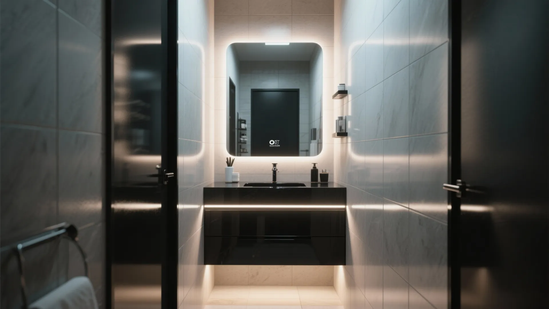 Modern bathroom with a glowing mirror and black cabinet against marble walls with warm light