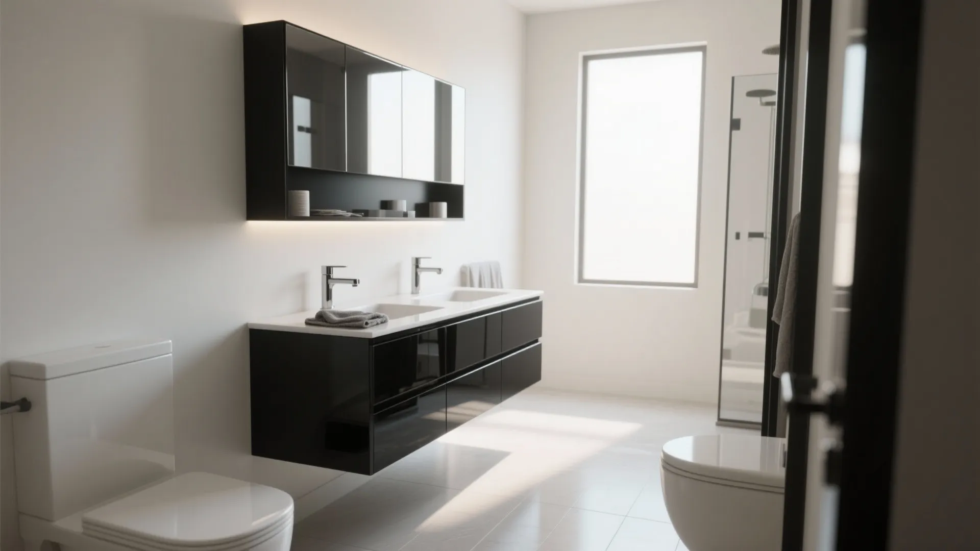 2. Glossy black floating vanity for visual space