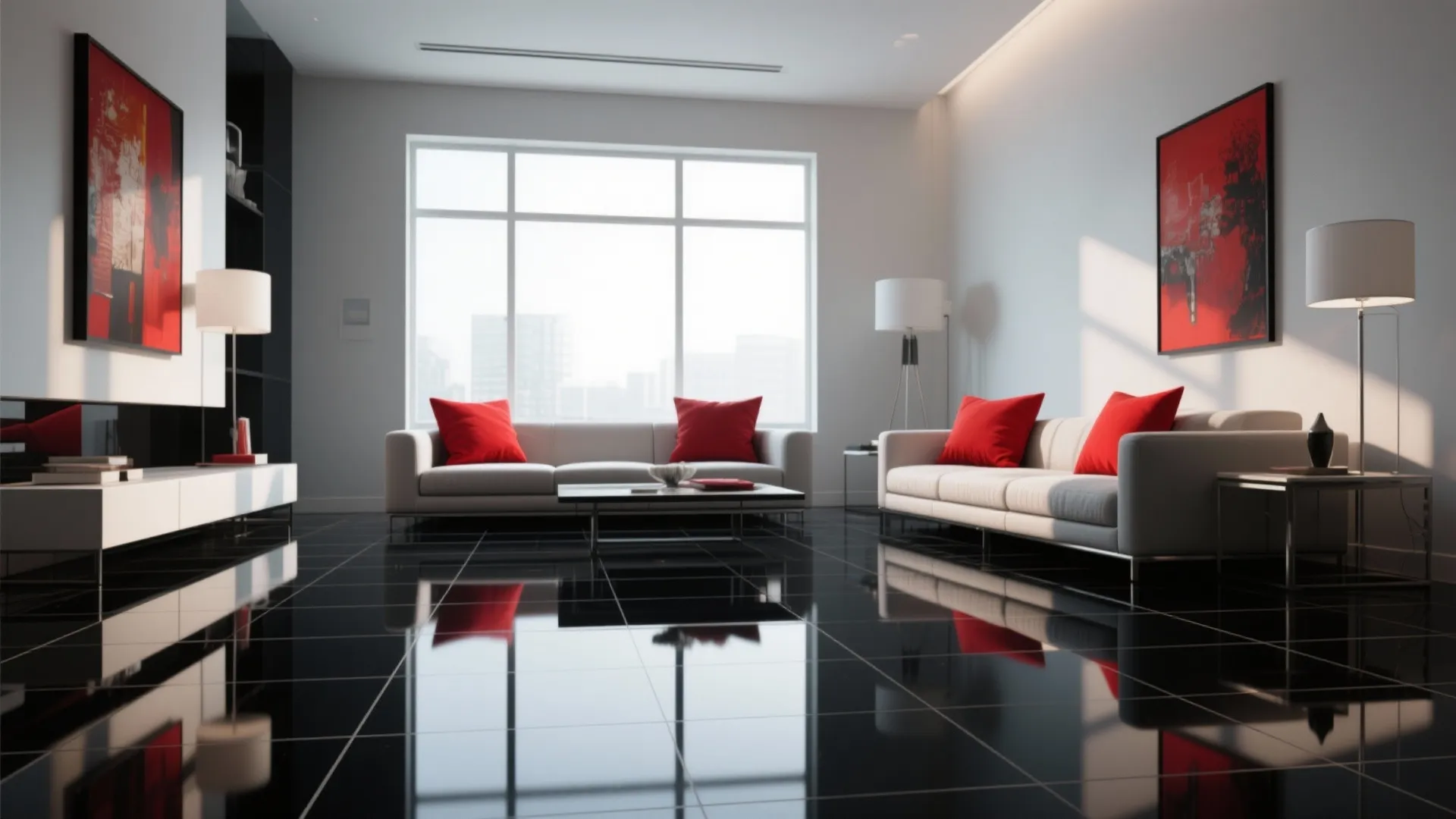 Glossy Black Flooring with Red Accents