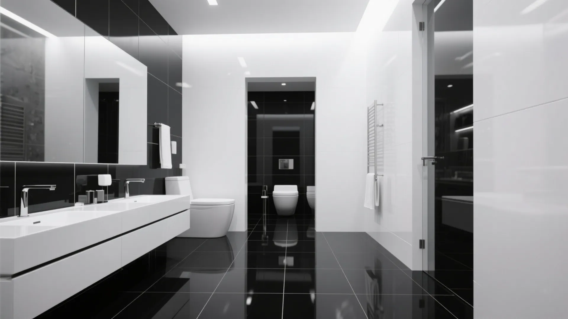 Minimalist bathroom with glossy black floor tiles white double sink white walls and black wall