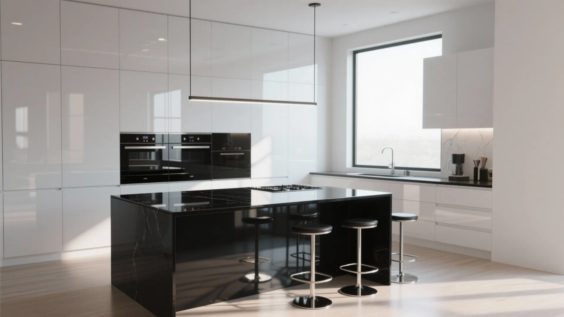 Kitchen with a glossy black island contrasting crisp white cabinets and bar seating
