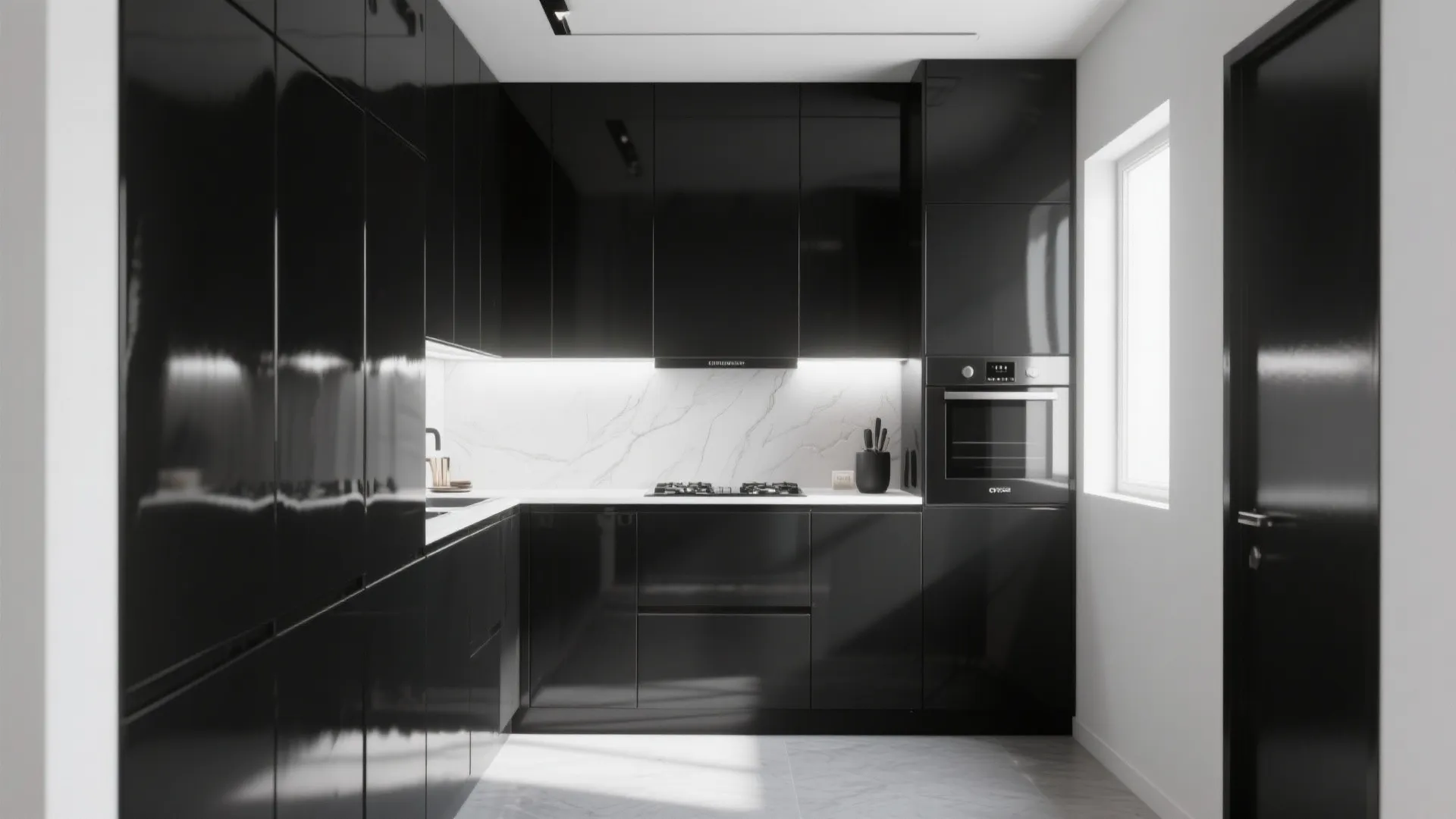 Glossy black kitchen cabinets reflecting bright daylight