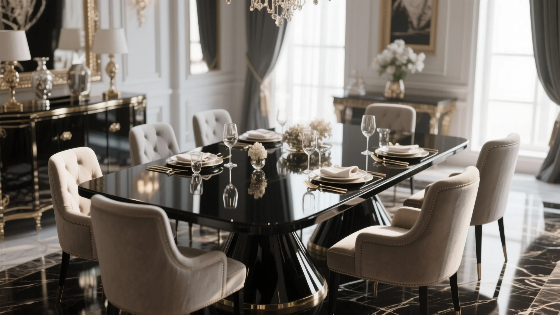 Elegant dining room featuring a glossy black table with beige chairs and luxury light fixtures