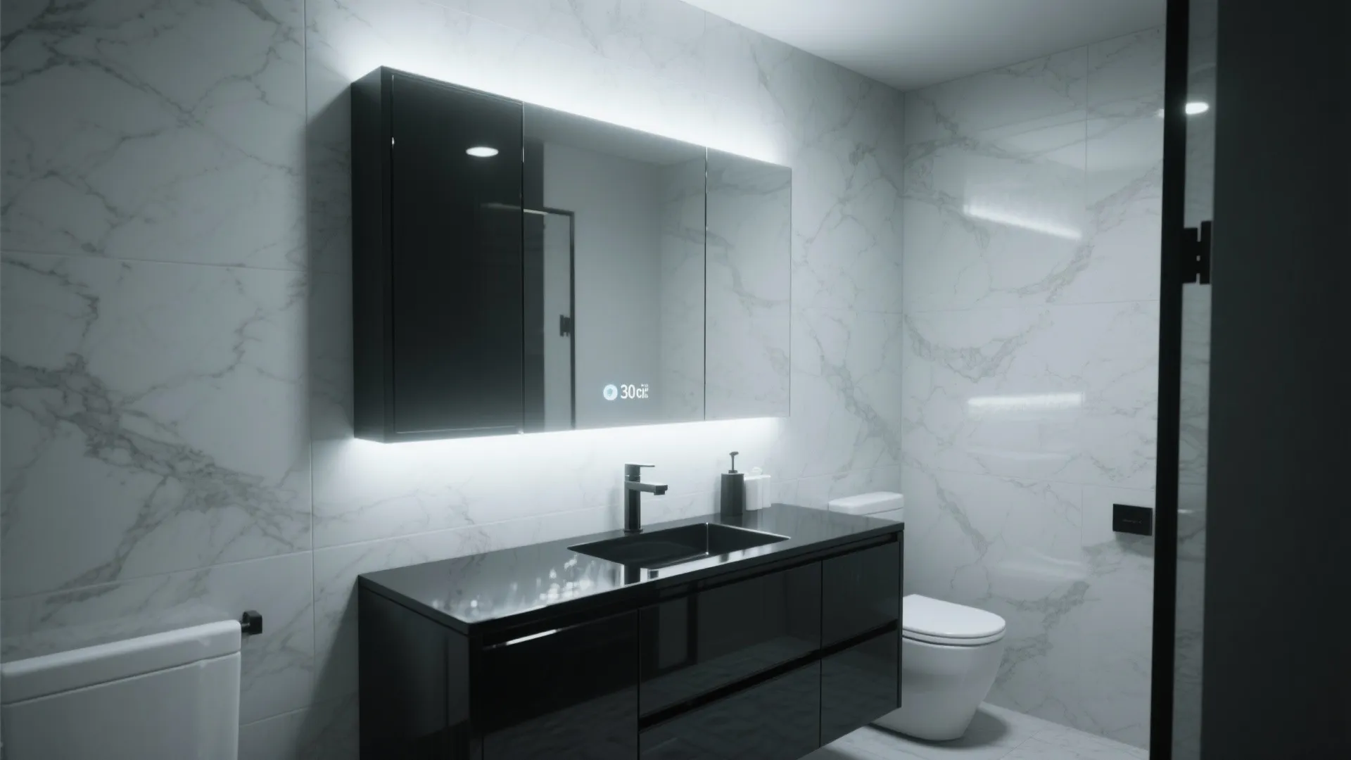 2. Glossy black vanity with integrated mirror lighting