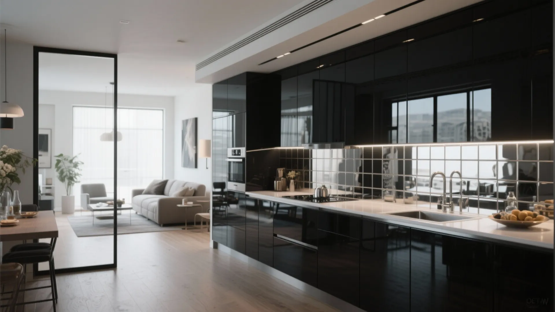 2. Glossy Black Cabinets + Mirrored or Metallic Backsplash