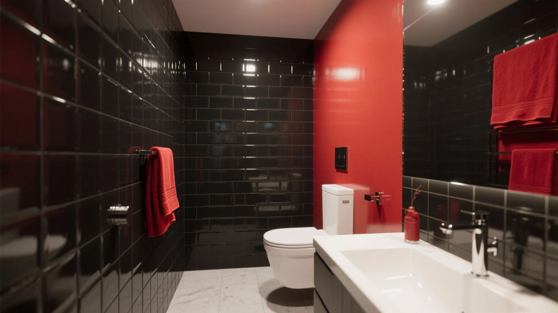 Minimalist bathroom design with glossy black bricks, red accent wall, white toilet, and red towel