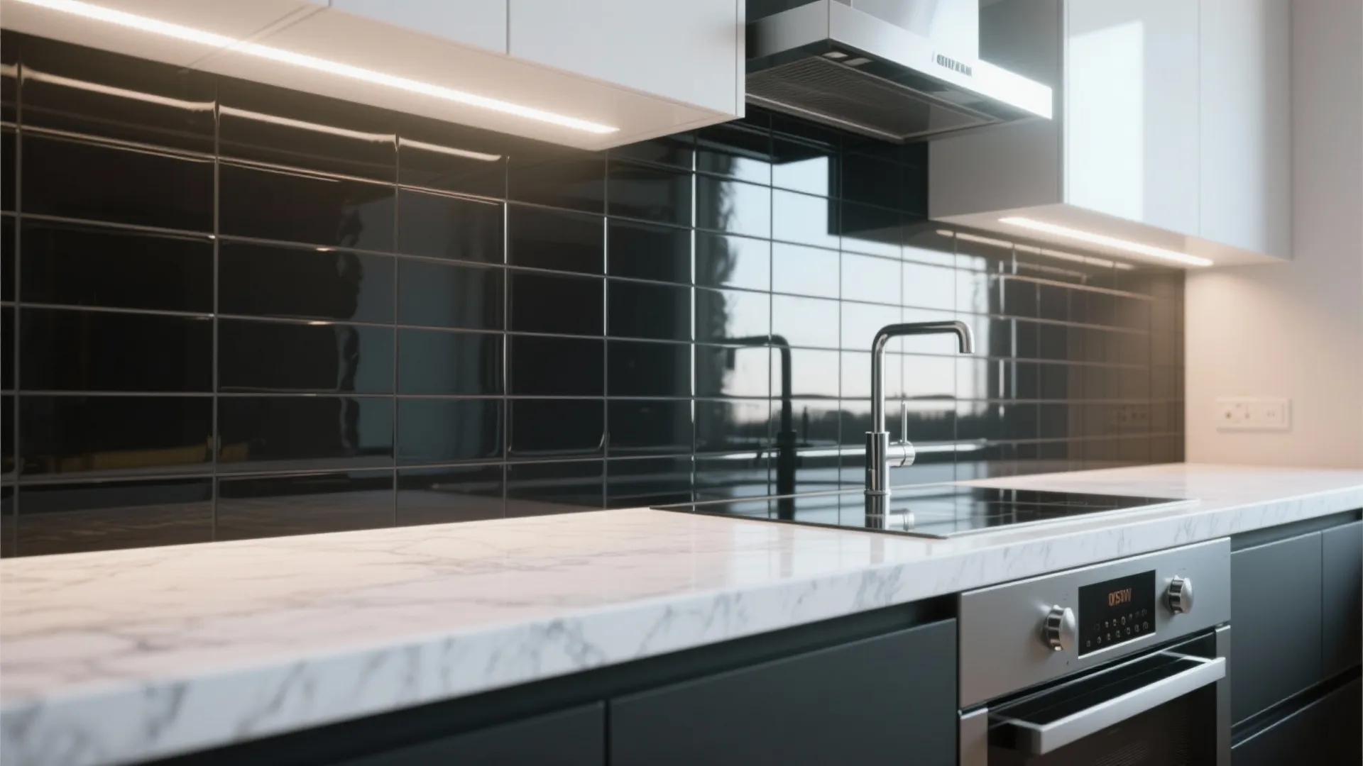 Modern kitchen with black wall tiles marble countertop silver faucet and built-in oven light fixture