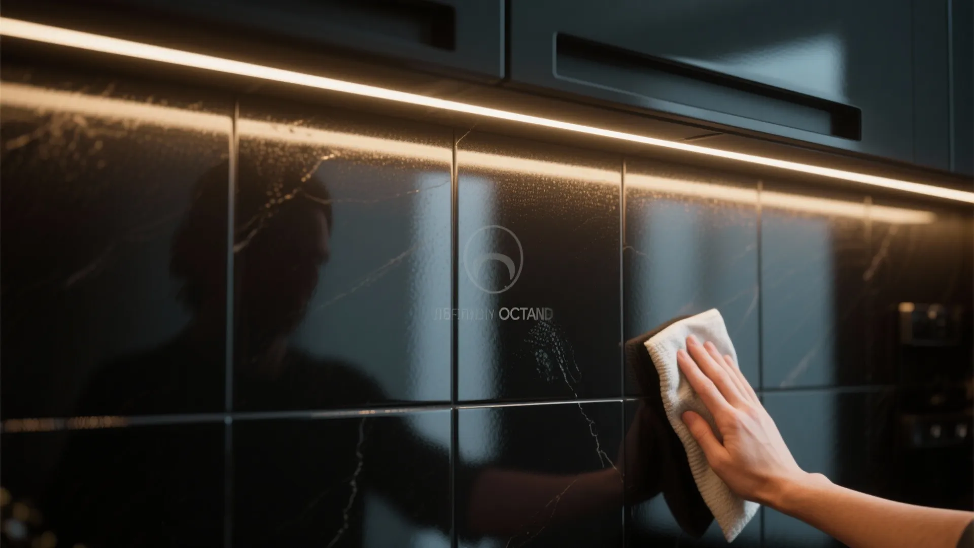 Close-up of a high-gloss black slab backsplash reflecting warm LED light and a buffing cloth.