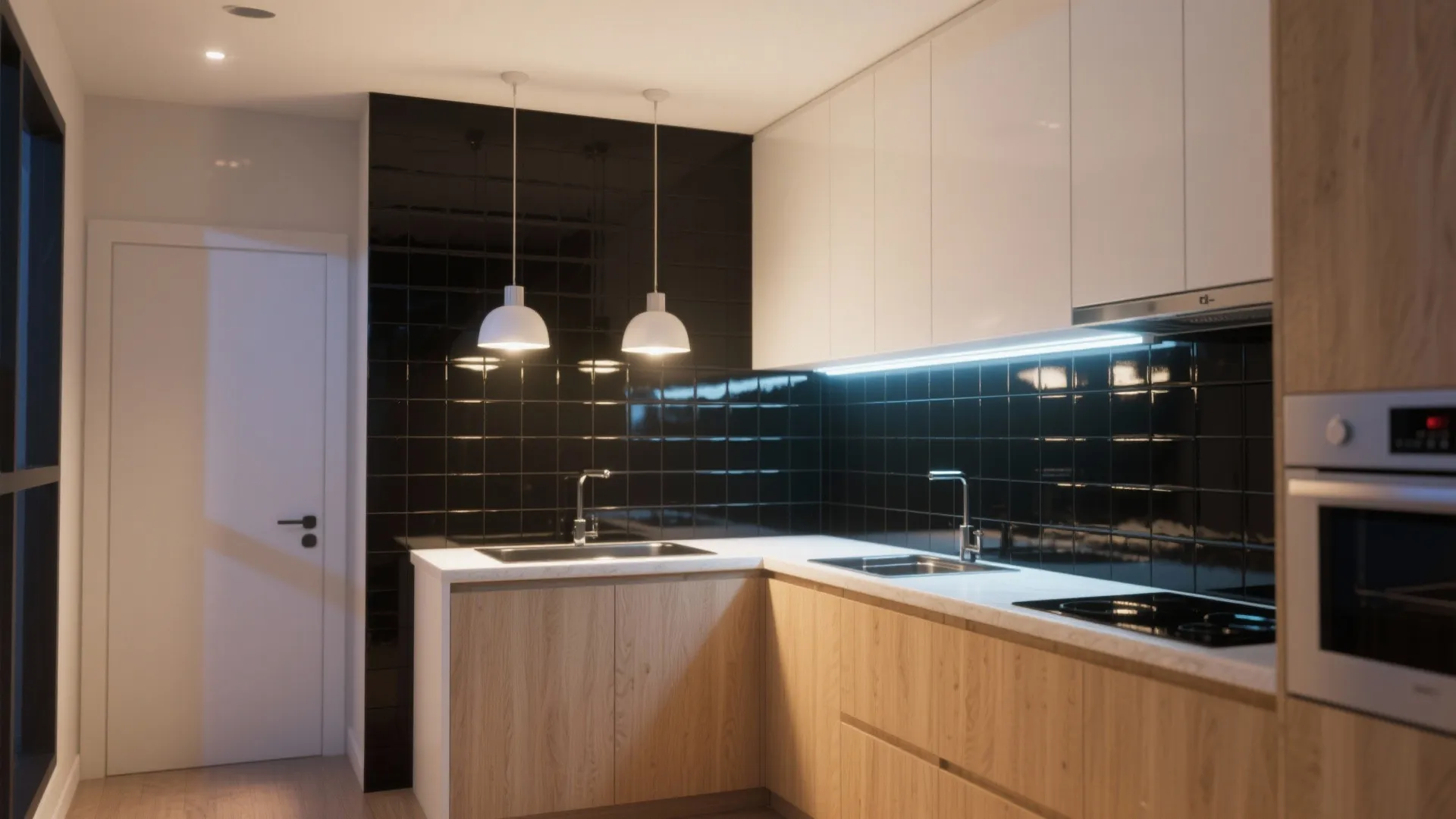 2. Glossy black tiles with reflective grout to enlarge space