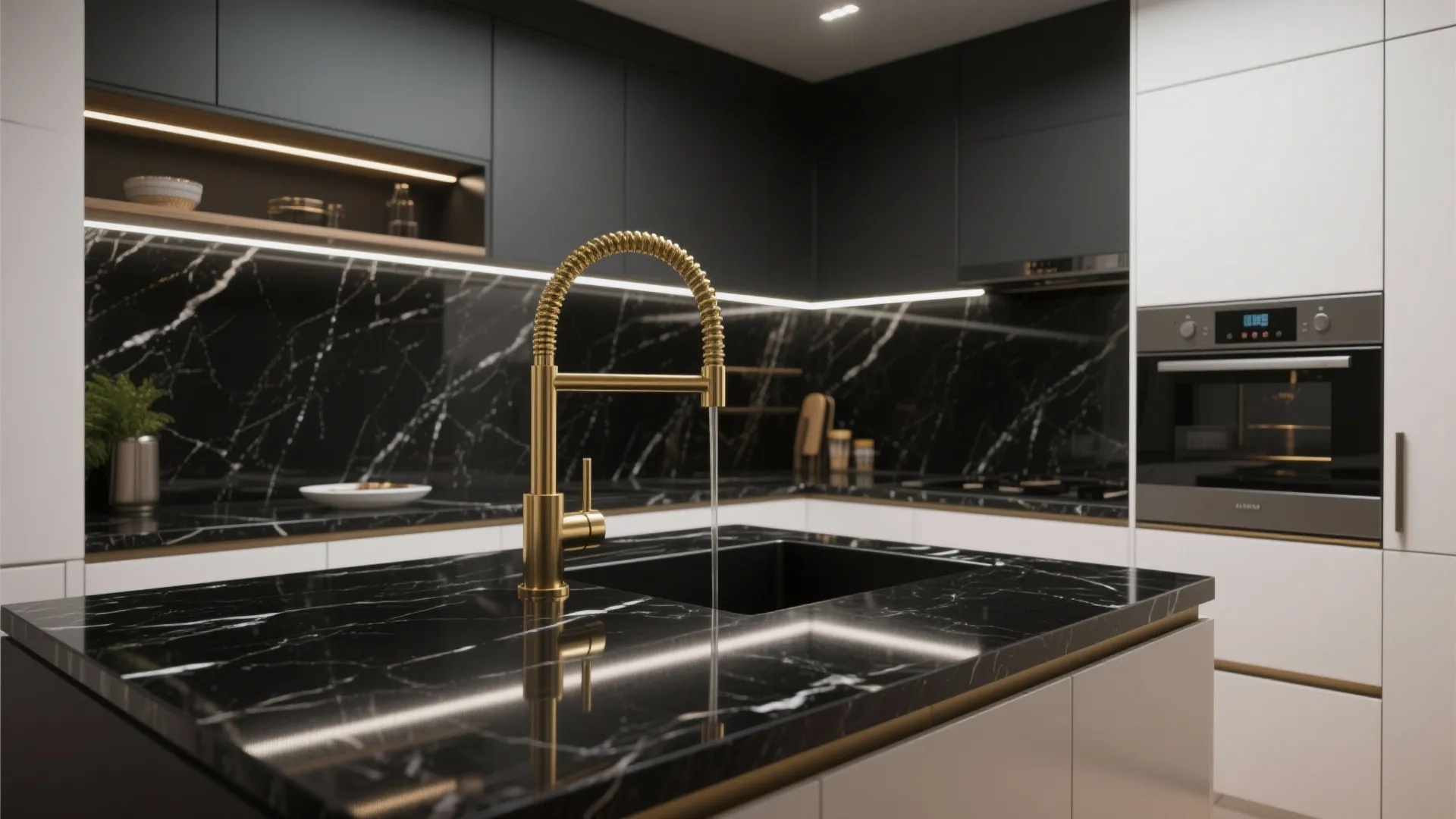 2. Go Full Contrast: Glossy Black Counters and Satin Gold Tap