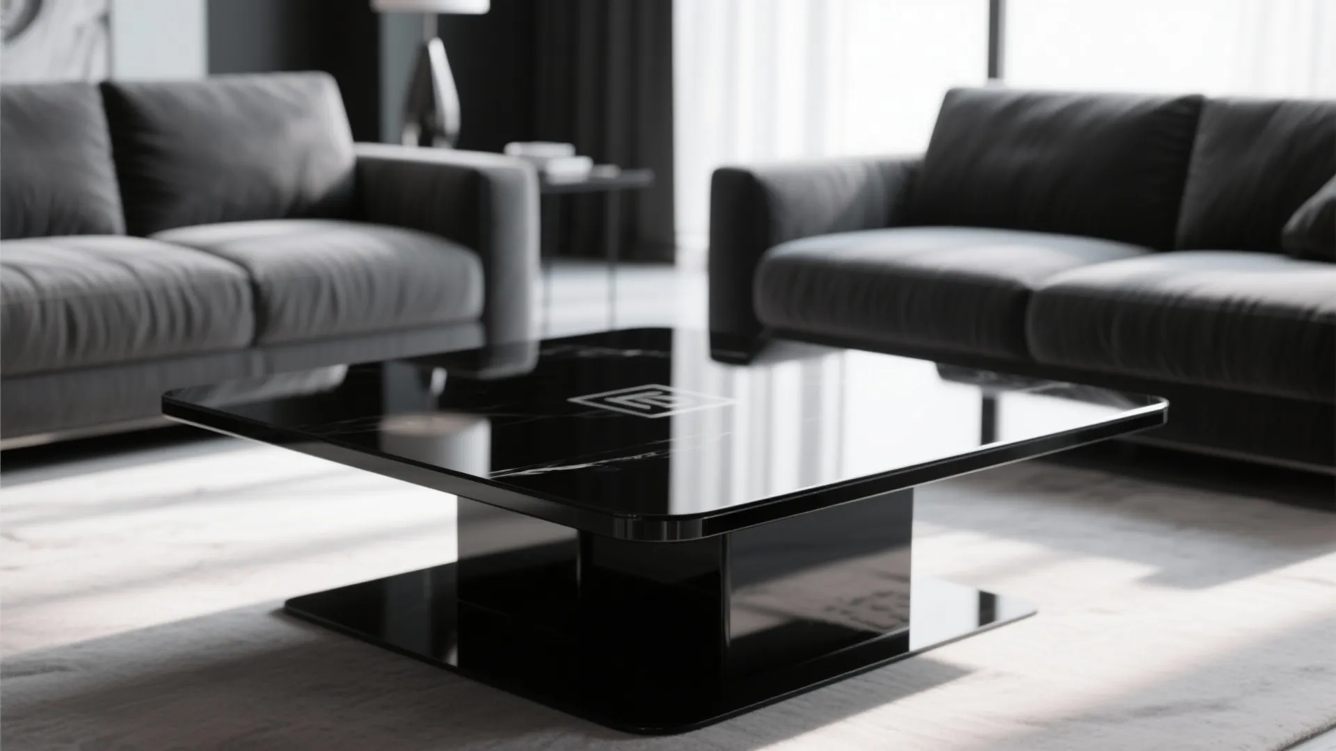 Glossy black coffee table reflecting light