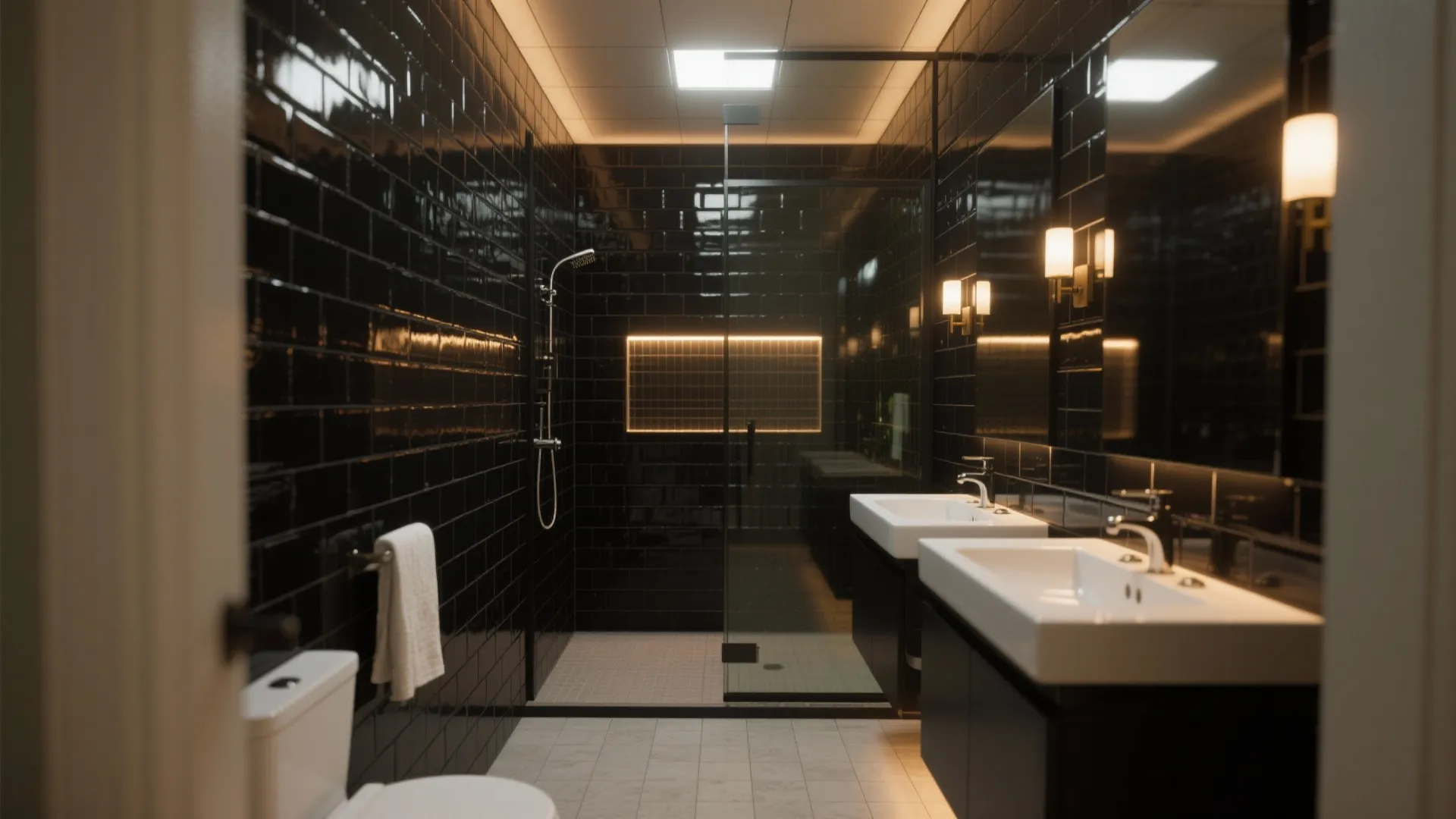 3) Glossy Black Tile with Strategic Lighting