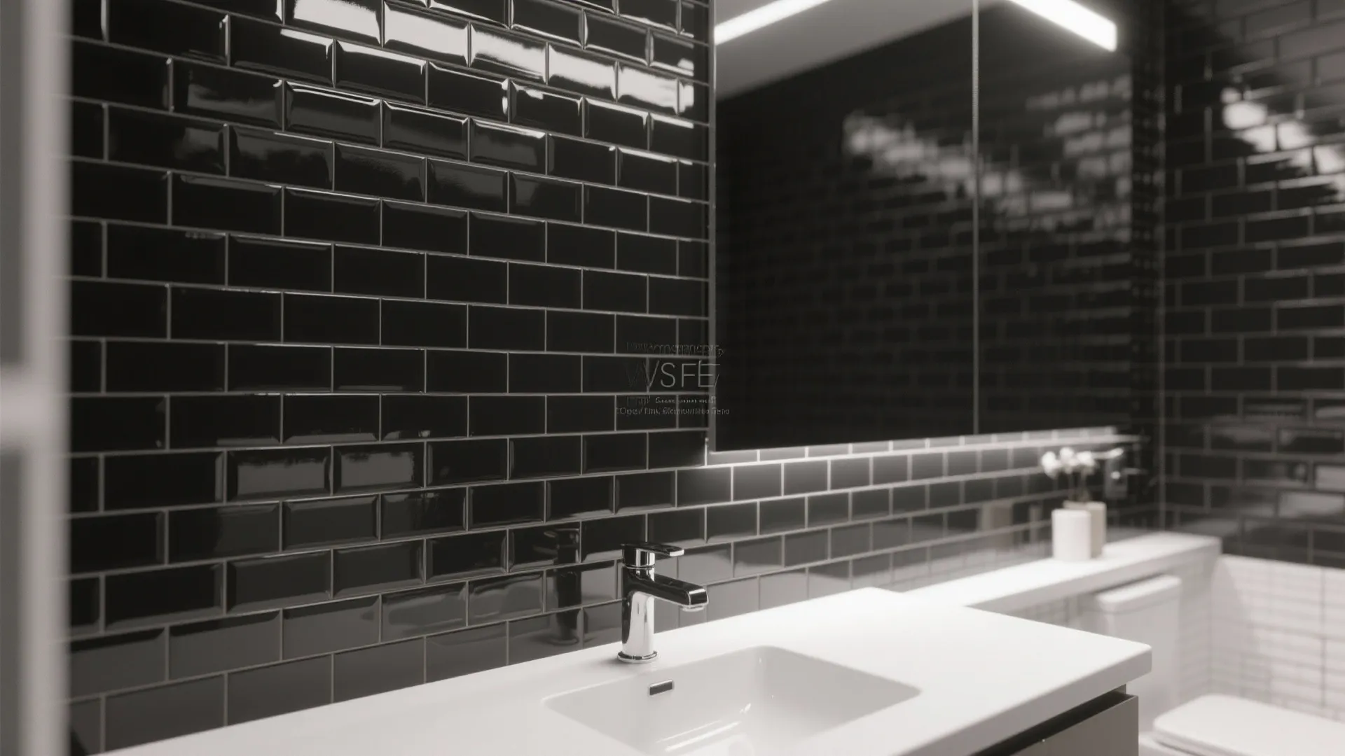 Modern bathroom featuring glossy black wall tiles white sink and mirror with bright integrated light