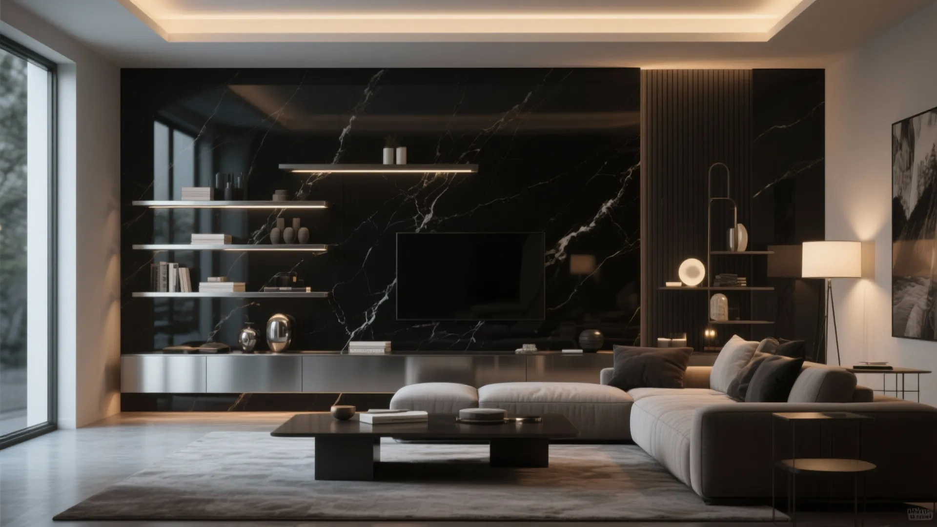 Modern living room with black marble wall, grey sofa, coffee table, and warm hidden lighting
