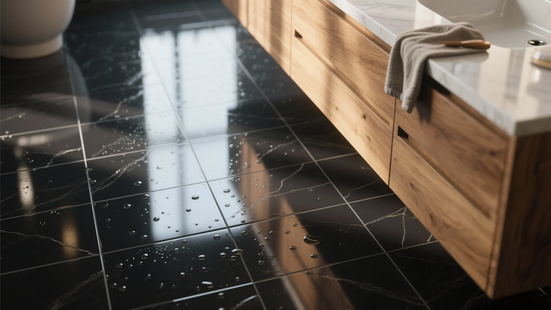 1. Glossy black tiles with warm wood accents