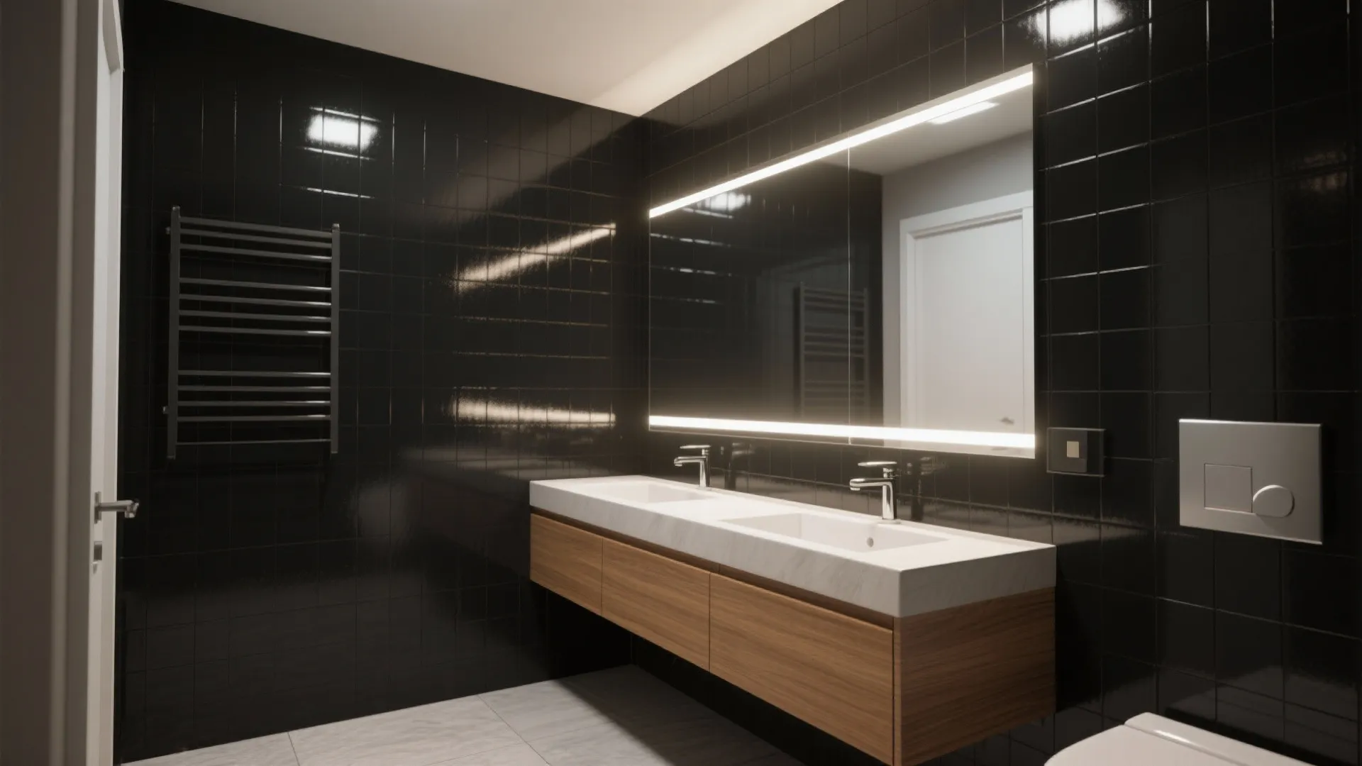 Modern bathroom with black wall tiles wooden cabinet double sink large mirror and bright lighting