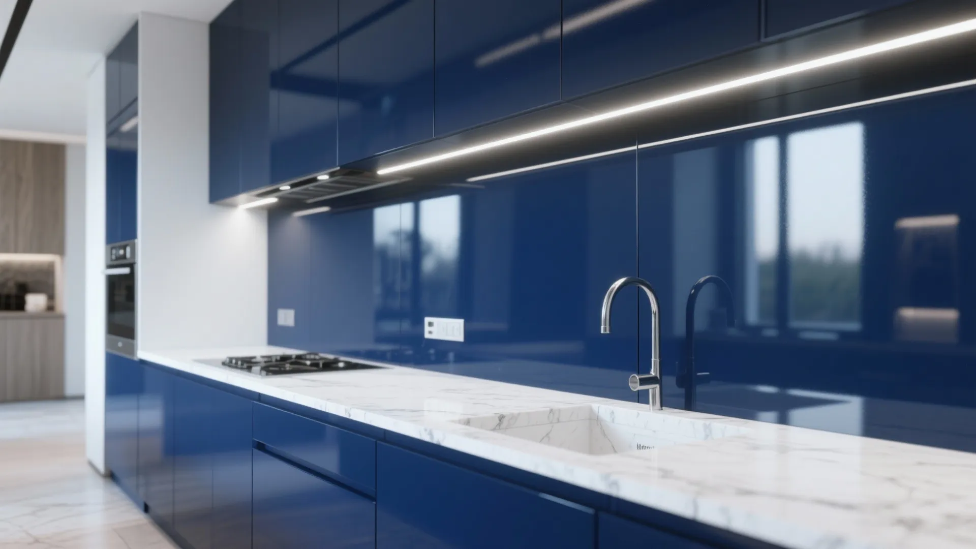 9. Glossy Blue Cabinets with Integrated Lighting