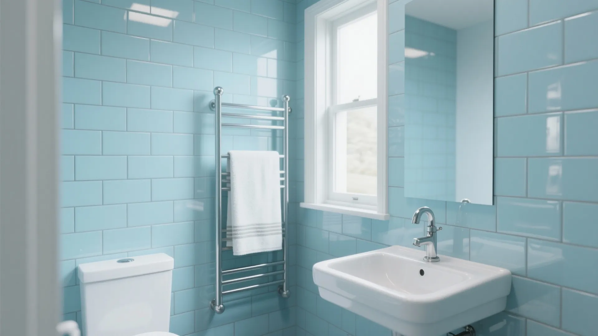 Bathroom interior with light blue wall tiles white toilet towel rack sink mirror and small window
