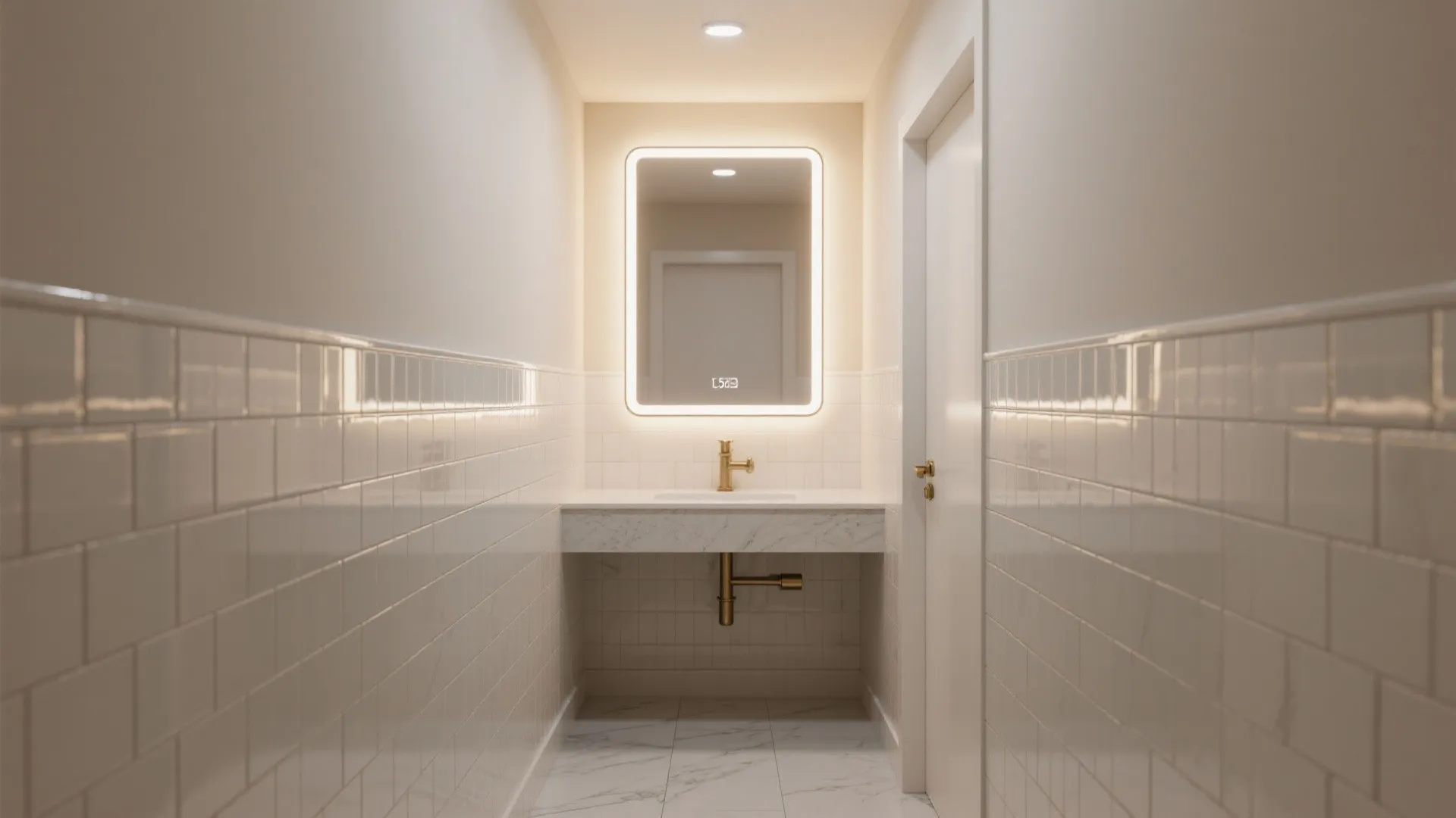 Small bathroom hallway with white brick wall panels marble sink and glowing square wall light fixture