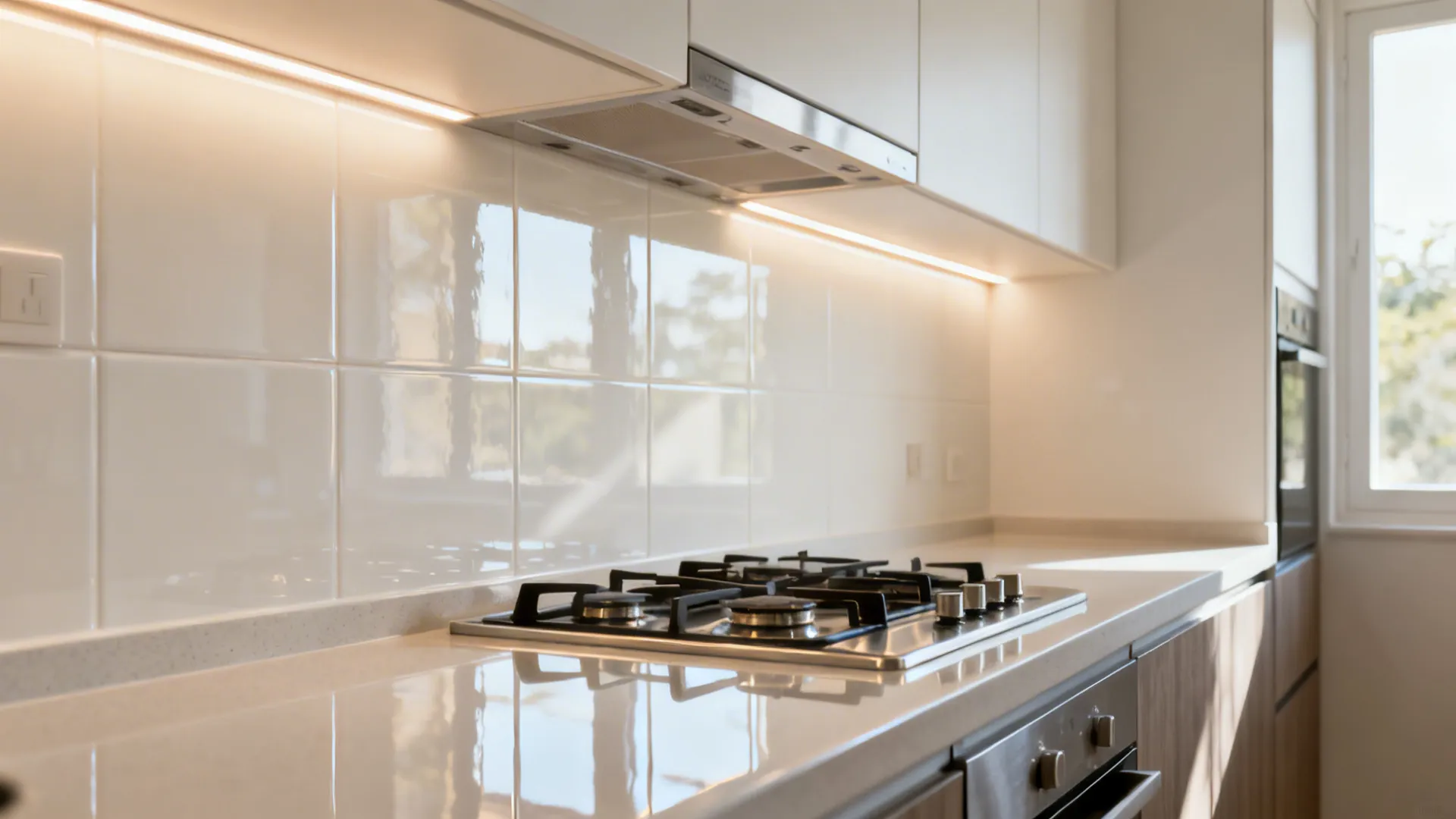 Glossy off-white ceramic backsplash reflecting daylight in a small Indian kitchen.