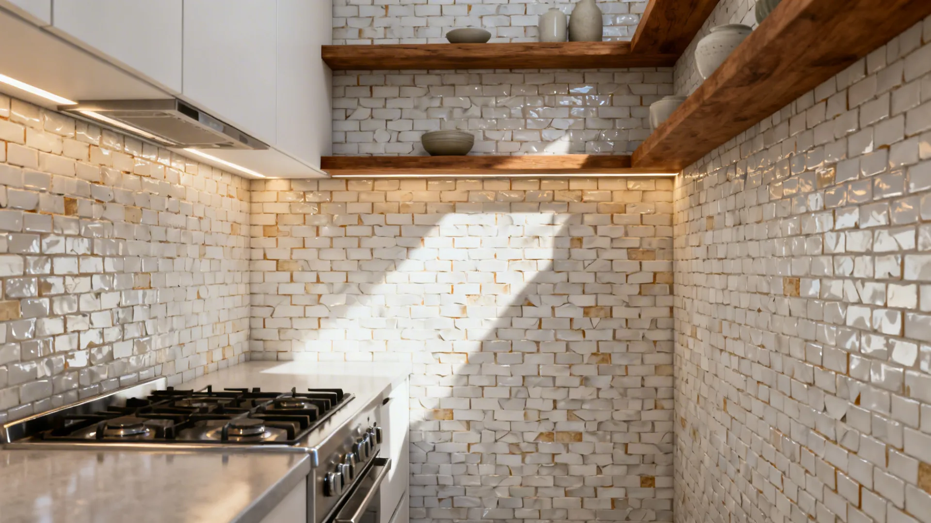 Glossy white brick tiles with warm beige grout adding soft texture in a galley kitchen.