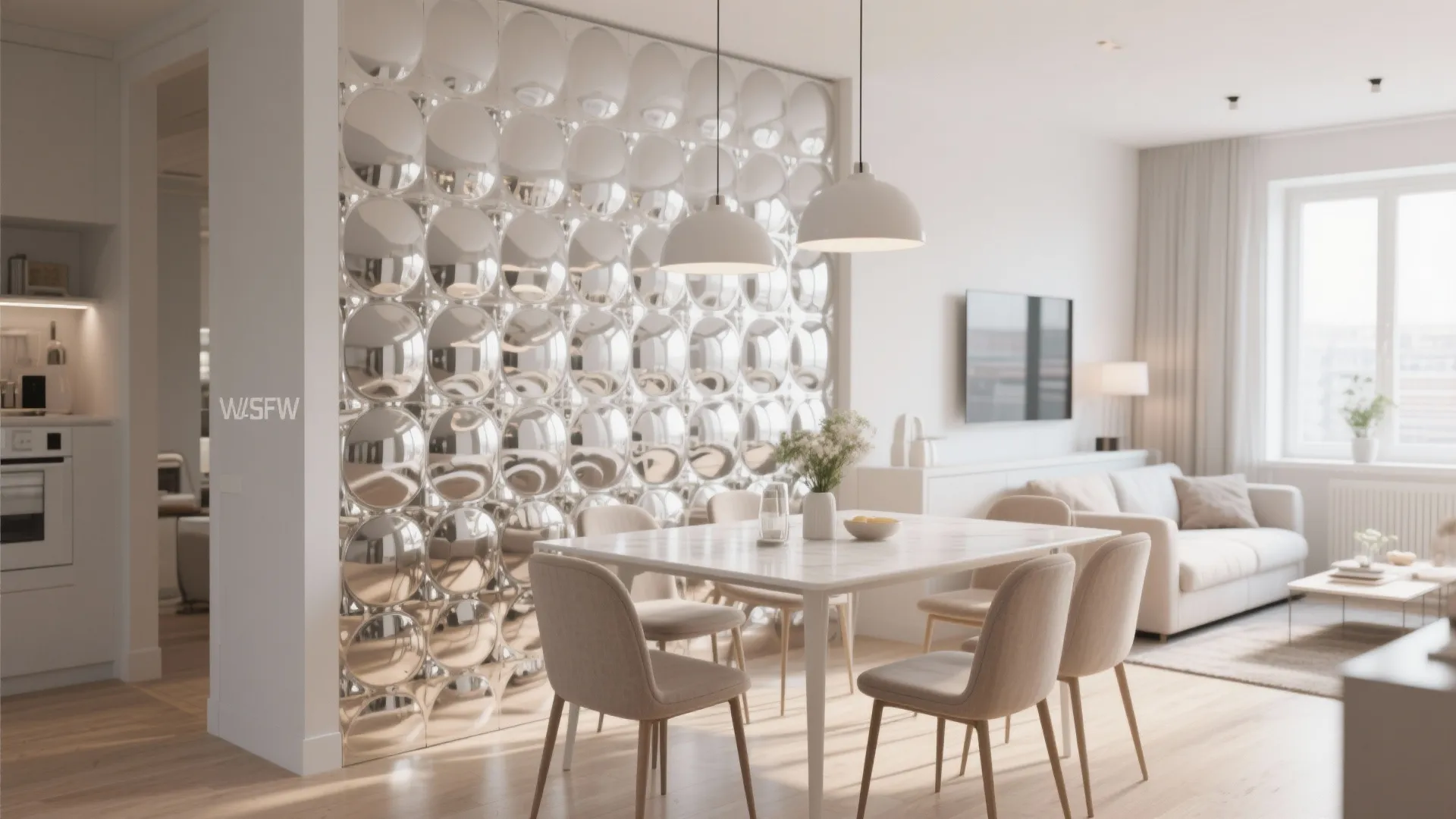 Glossy bubble accent wall in a studio dining area reflecting light