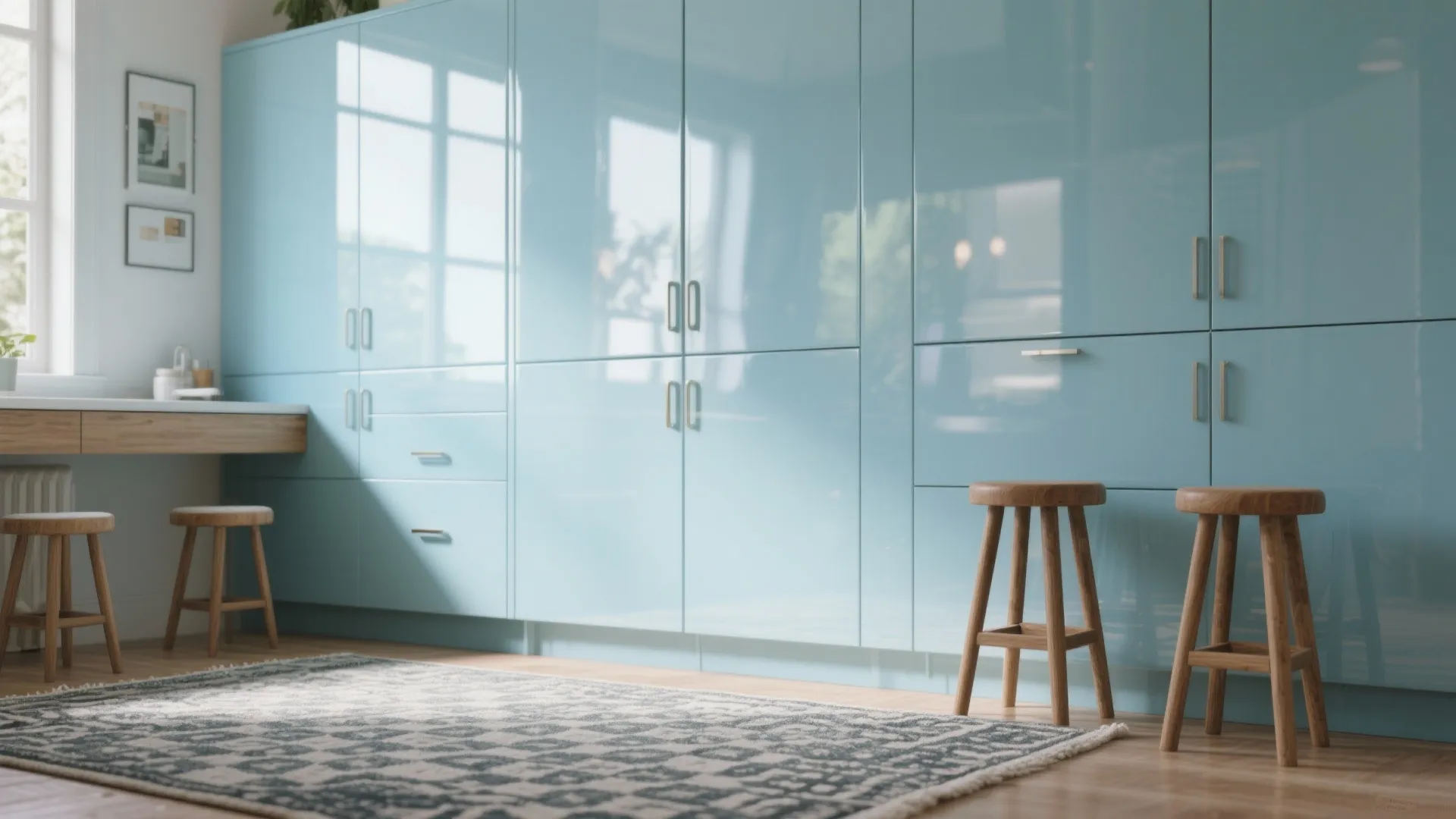 4. Light-reflecting glossy cabinets with subtle accents