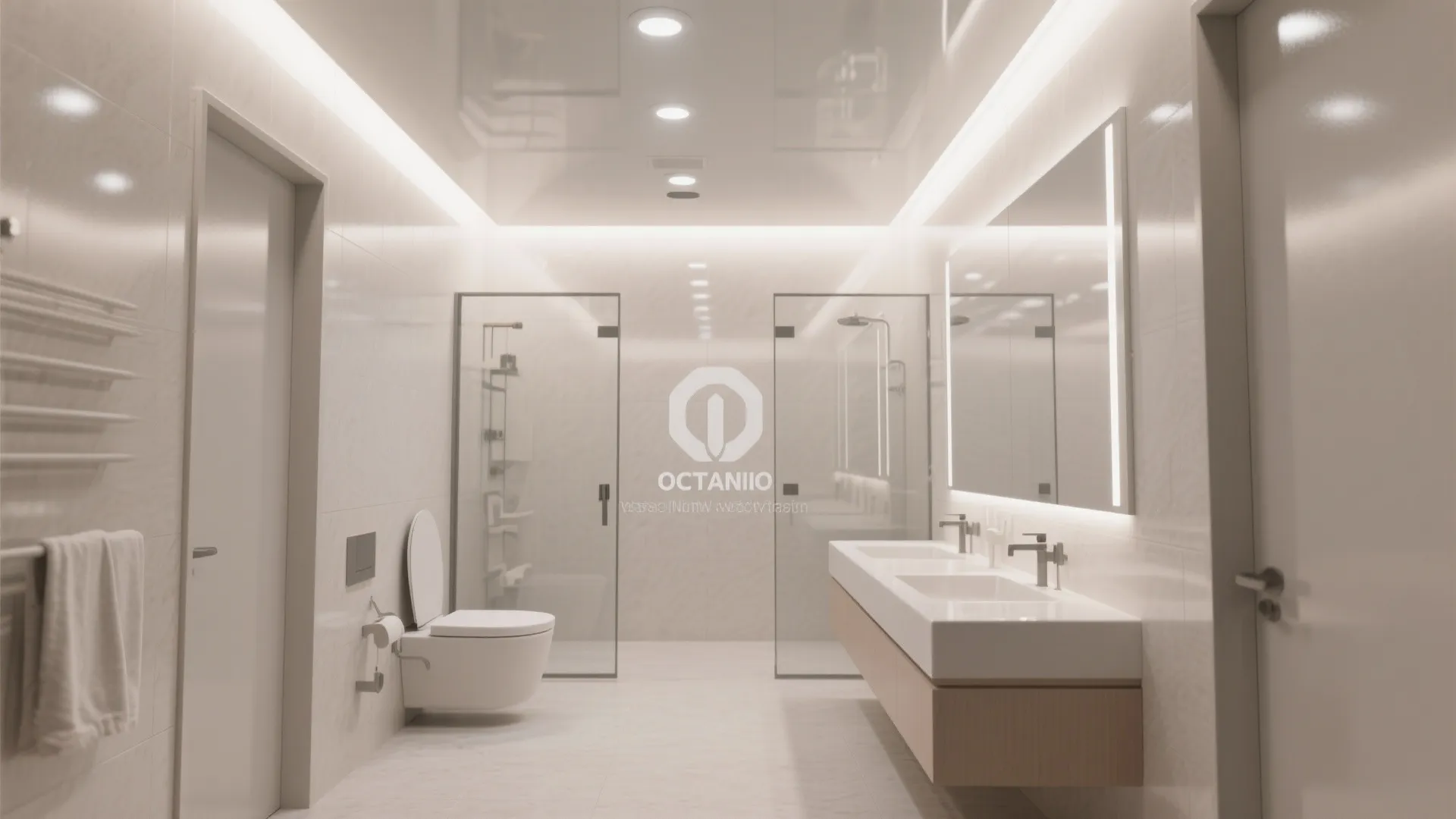 Minimalist white bathroom featuring glossy ceiling recessed light fixtures large mirror and wood wall cabinet