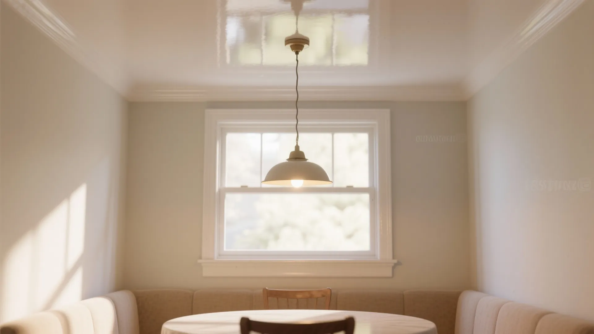 Dining room featuring round table with chairs and hanging light fixture under a glossy ceiling