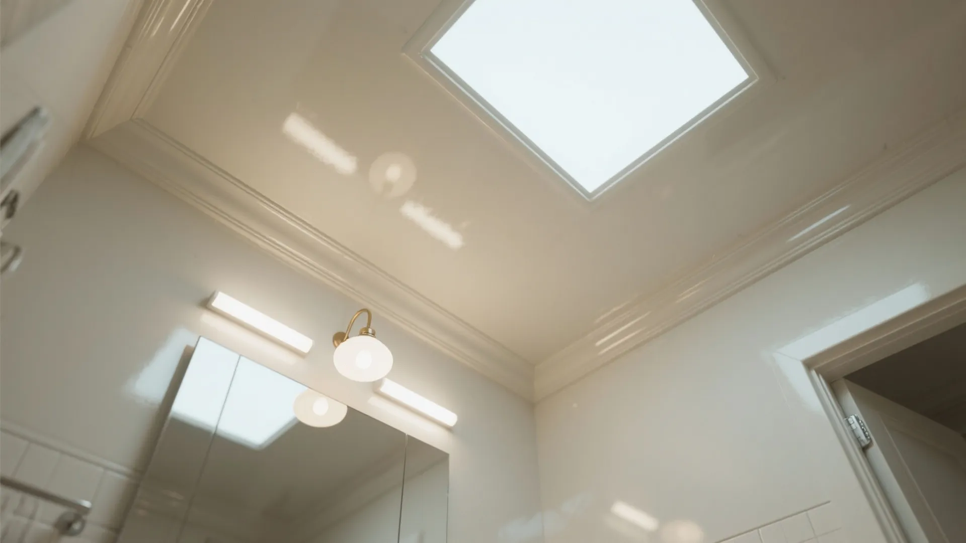 Bright bathroom interior design with white ceiling roof window wall light mirror and wall tiles