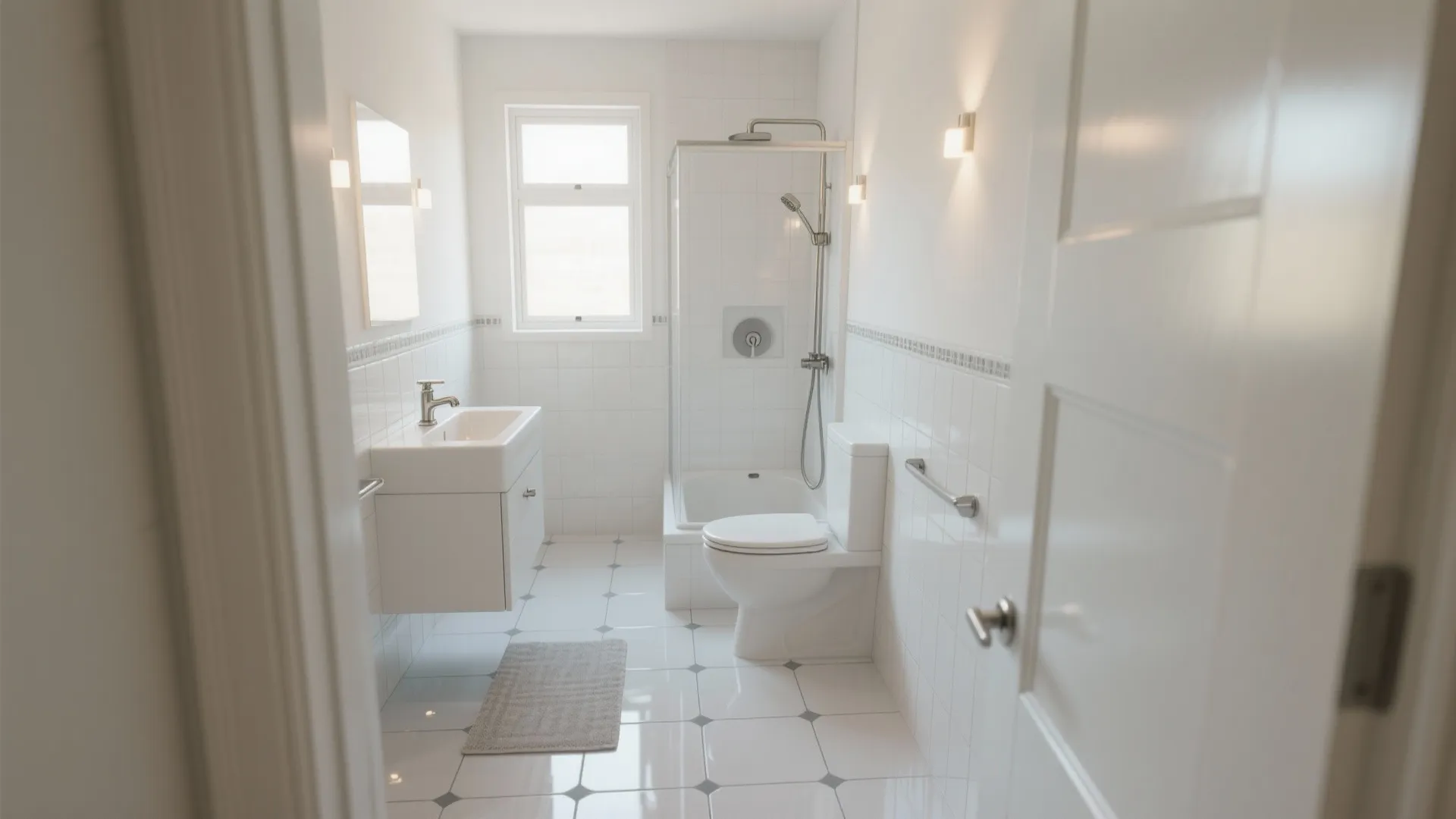 Bright white bathroom with white wall tiles floor tiles toilet sink and glass shower area