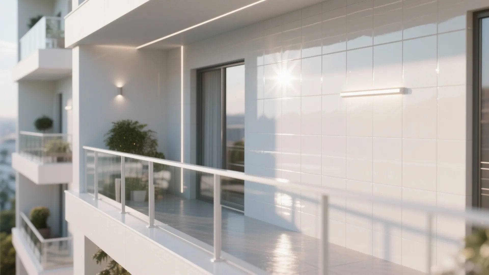 Modern white balcony with glossy wall tiles glass railing wall light and bright natural sunlight