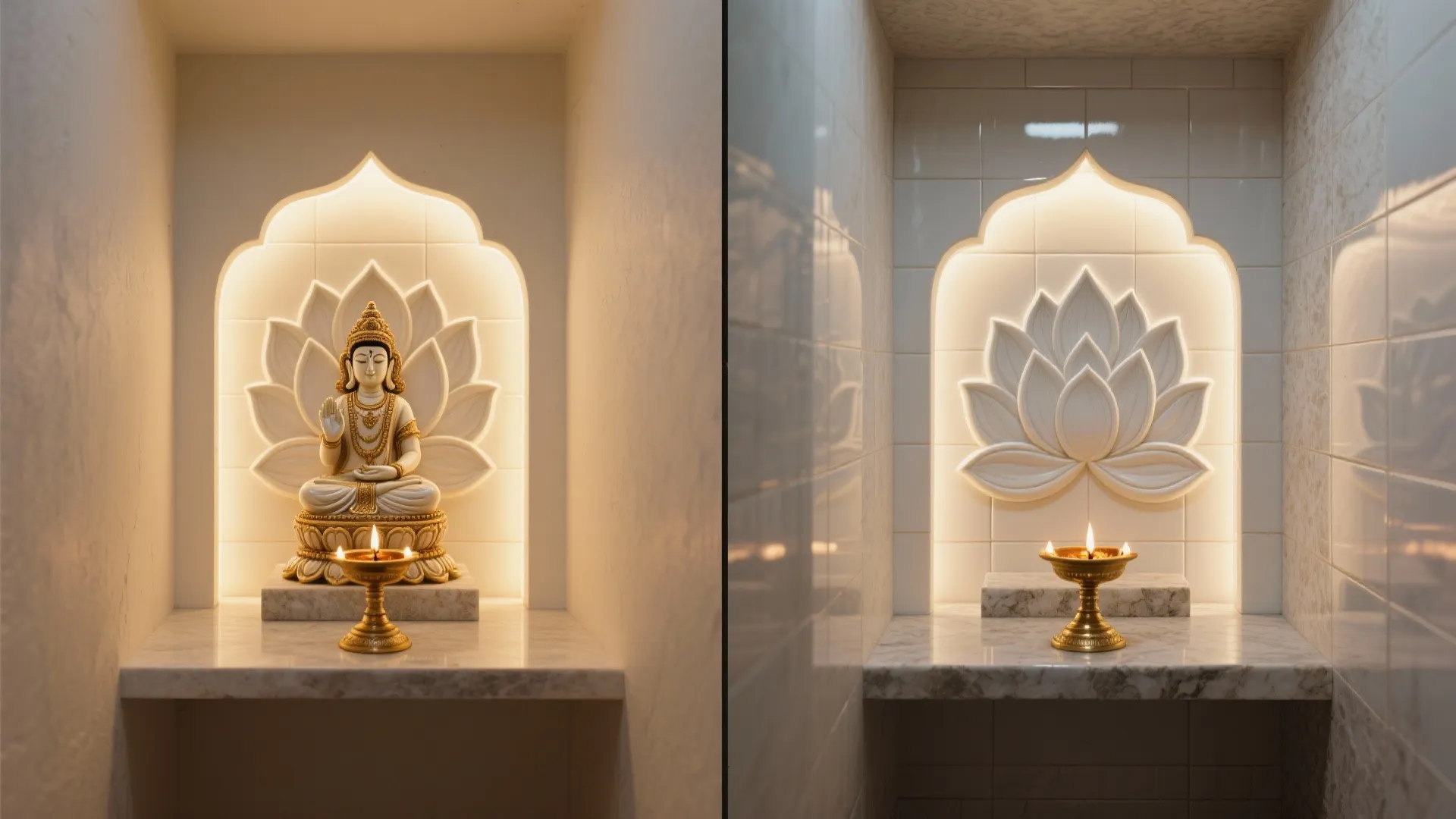 Before-after of a small pooja niche upgraded with glossy relief ceramic and warm lighting.