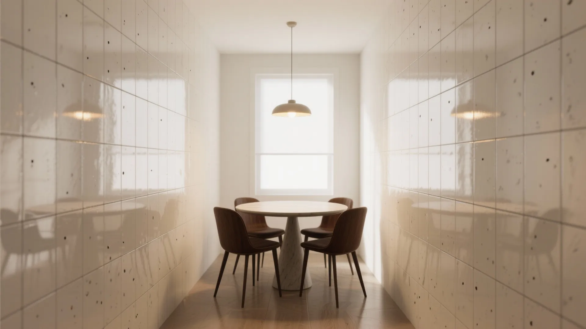 Modern dining room with glossy white wall tiles round marble table four chairs ceiling light