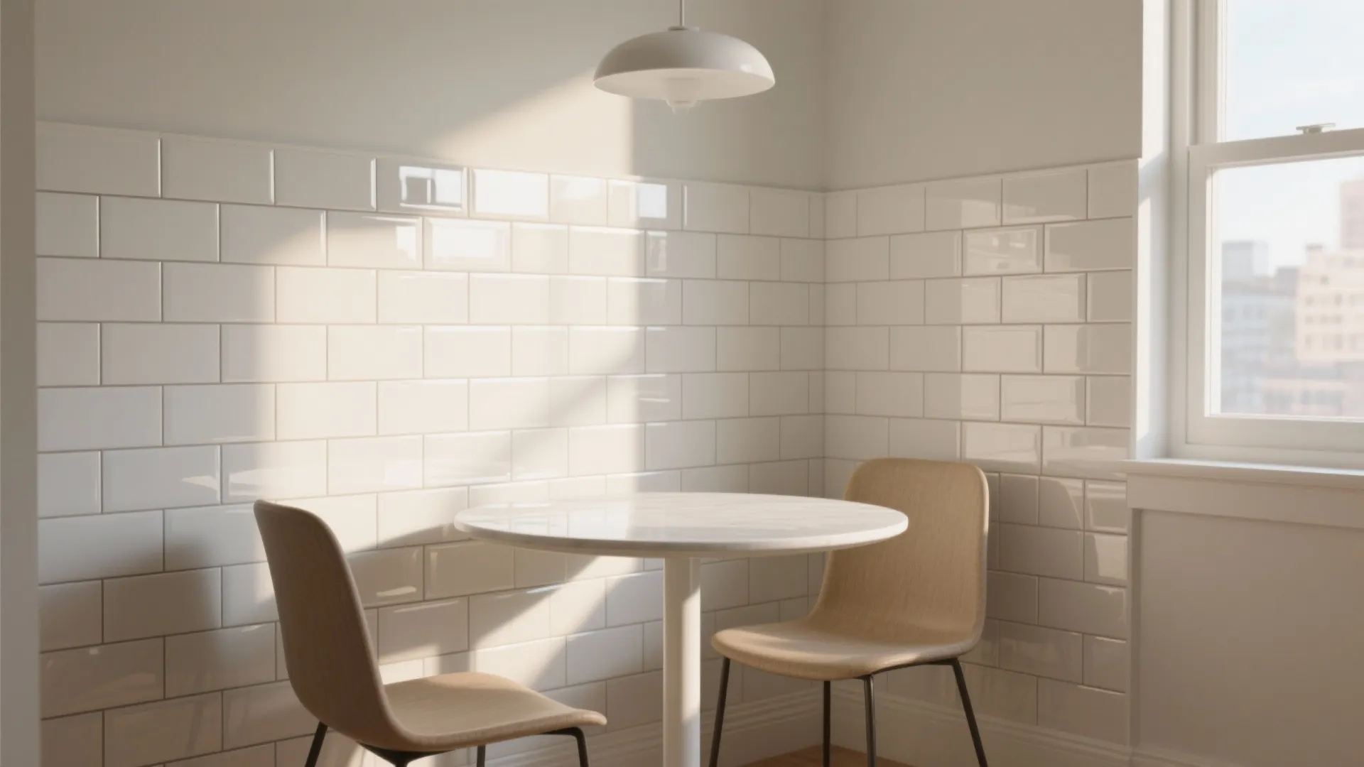 Small dining area with white wall tiles and round table with two wooden chairs near window